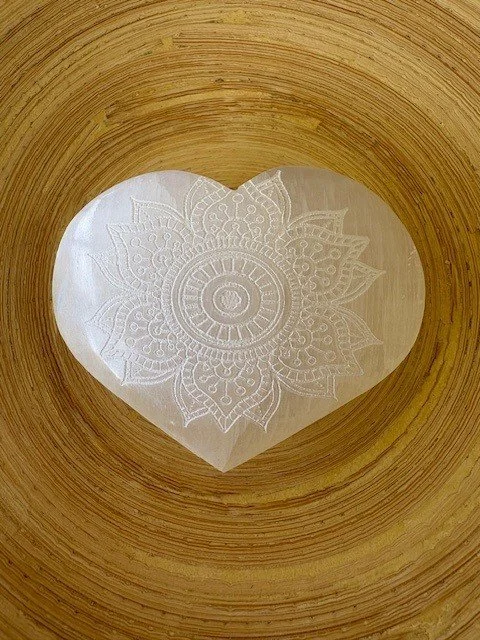Selenite Heart | Engraved Flower | 8cm