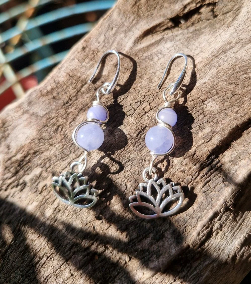 Earrings | Aquamarine + Blue Lace Agate w Lotus Charm
