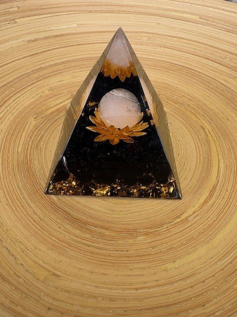 Black Obsidian & Clear Quartz Sphere Lotus Orgonite Pyramid