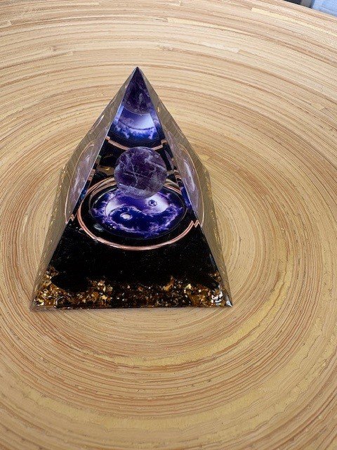 Amethyst Sphere w Yin Yang & Black Tourmaline Organite Pyramid