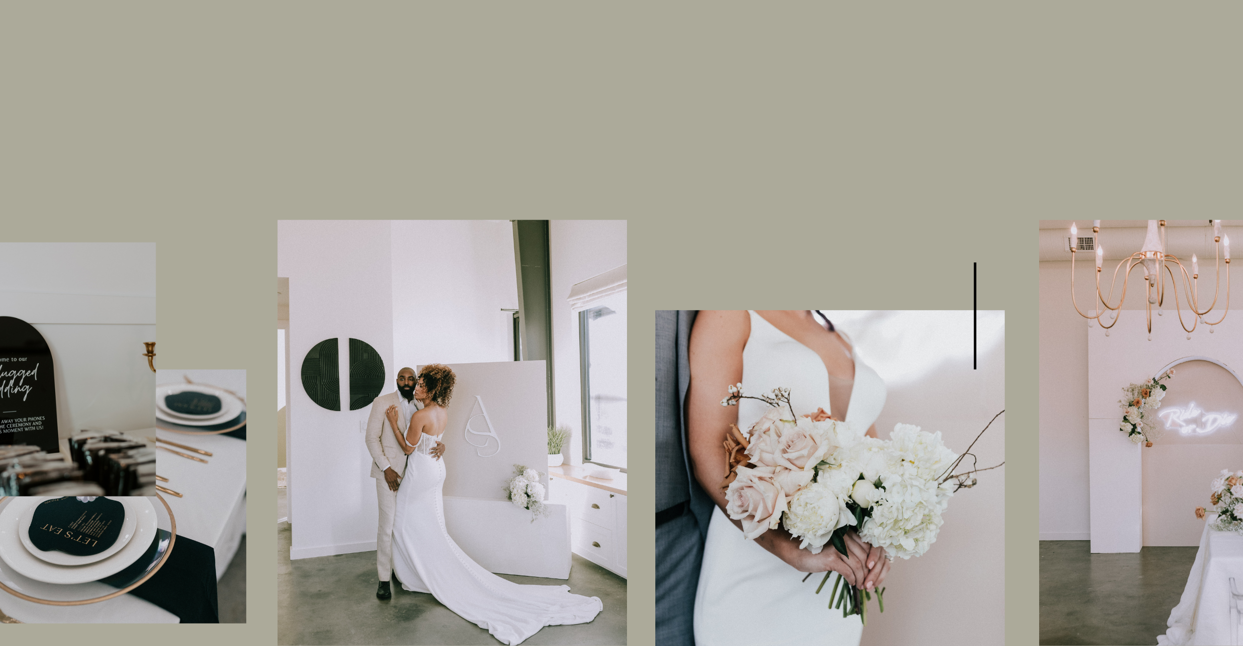 Collage of four wedding images: the first shows a table with black and white place settings and a sign; the second features a bride and groom standing together indoors with minimalist decor; the third displays a bride holding a bouquet of white and b