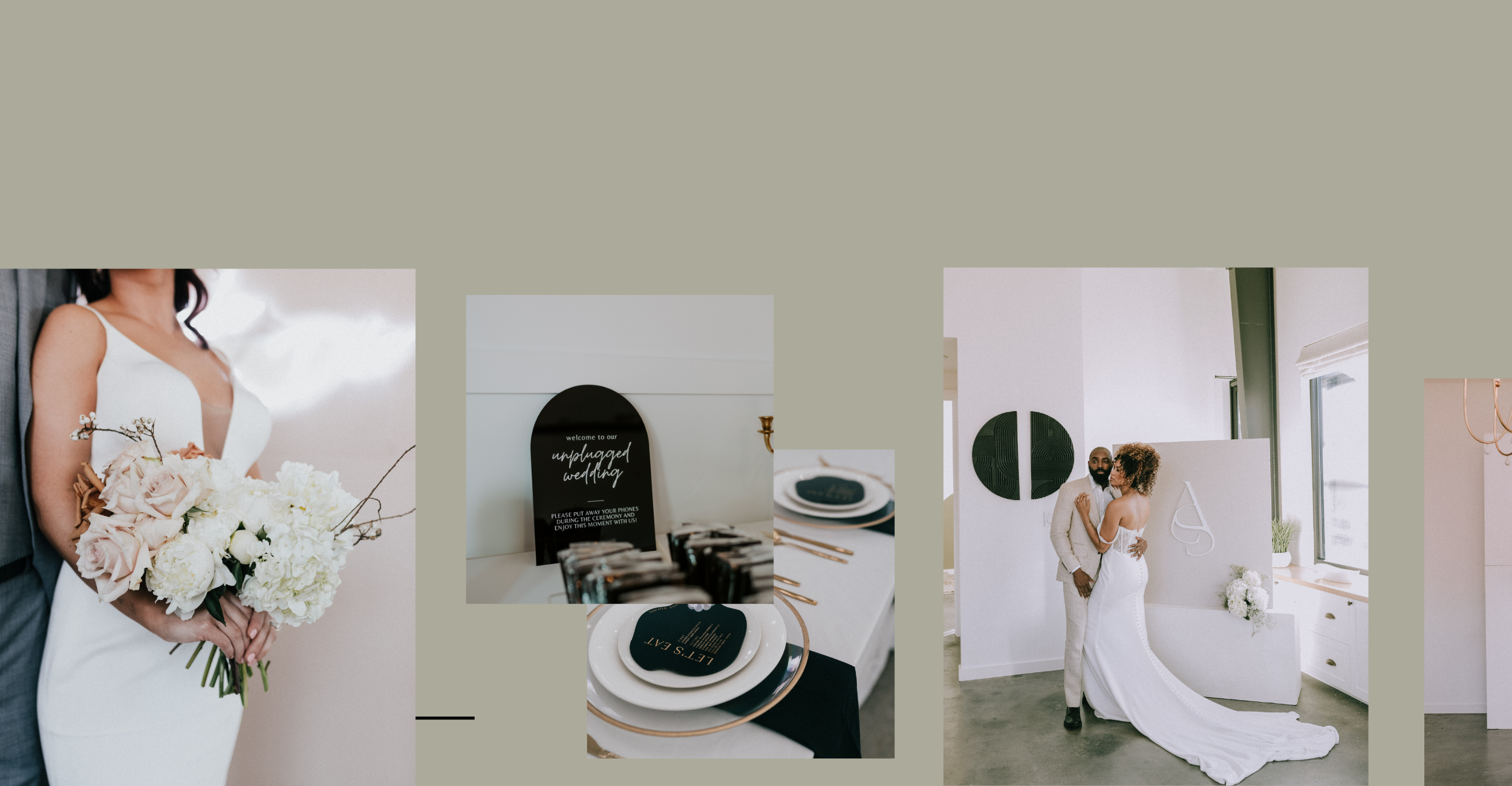 Images from a wedding: a bride holding a bouquet, a welcome sign for the wedding, close-up of wedding plates and silverware, a bride and groom posing together indoors with wedding decor.