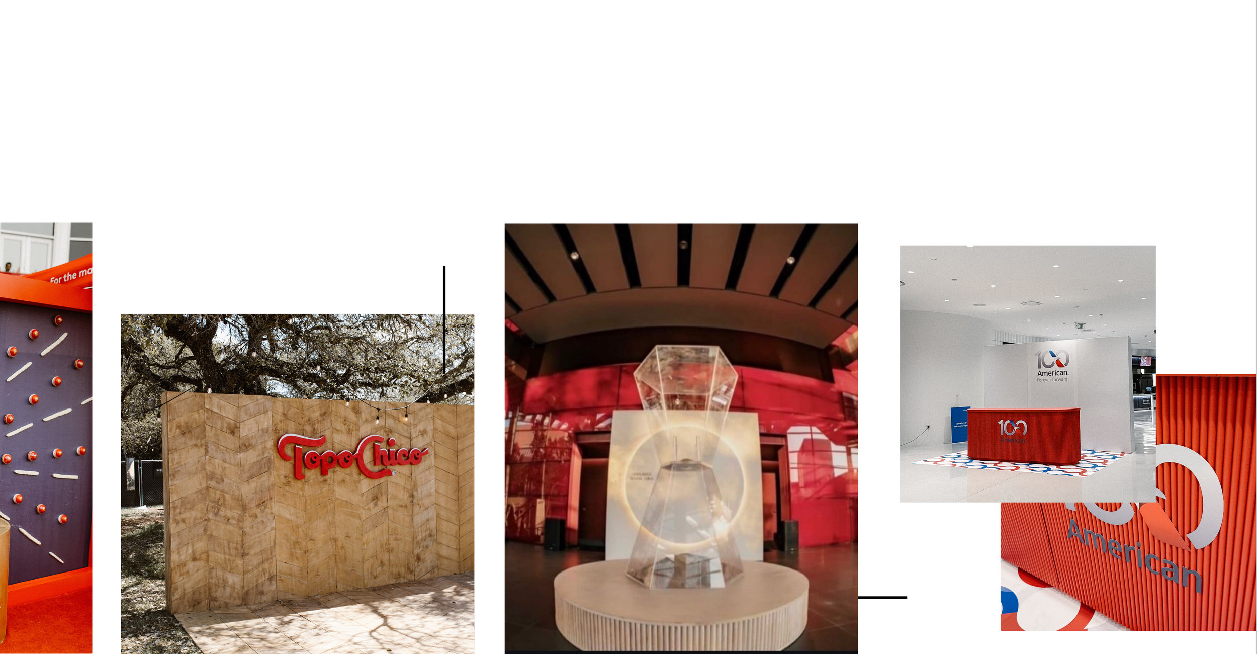 Collection of images depicting Topo Chico branding and exhibits at an event, including a close-up of a display with the Topo Chico logo, an indoor exhibit with a modern sculpture and lighting, and a reception desk with American branding.