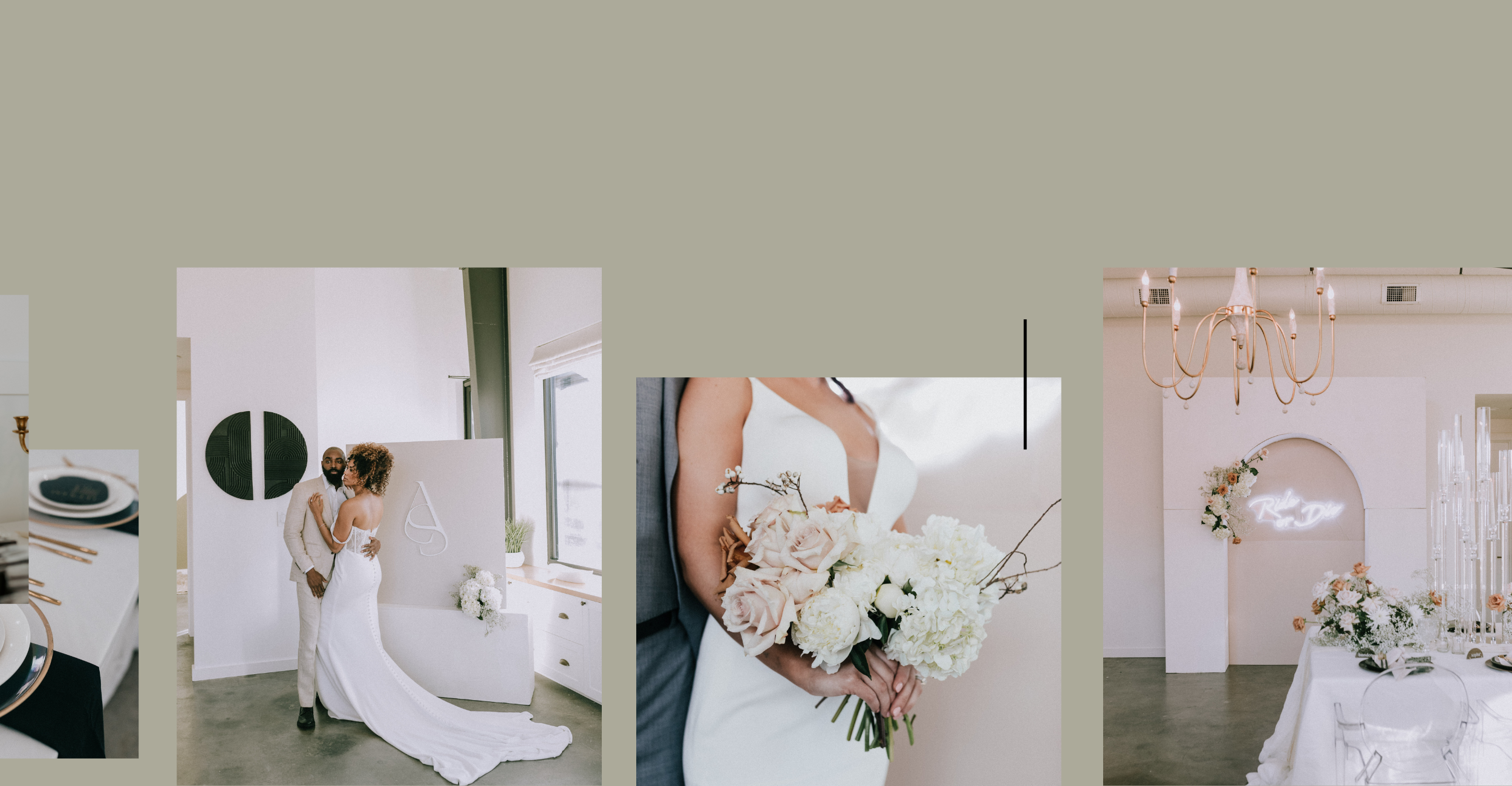 Wedding reception with a bride holding a bouquet of white and blush flowers, and a couple in wedding attire posing indoors with floral and modern decor.