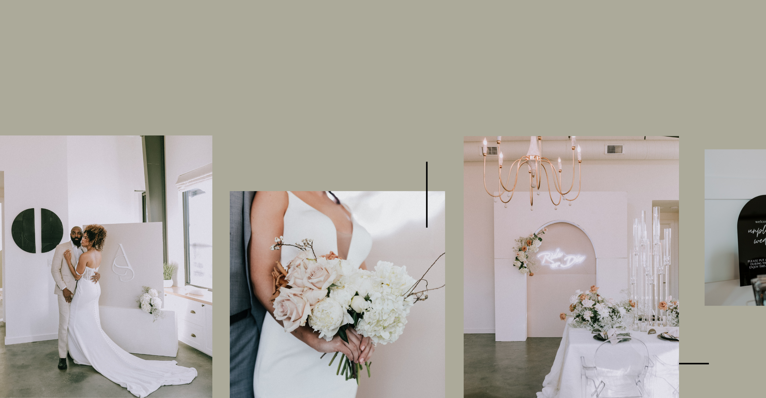 A collage of four wedding-themed photos, including a couple dancing, a bride holding a floral bouquet, a decorated wedding reception area with a chandelier and floral arrangements, and a close-up of a wedding sign or card.