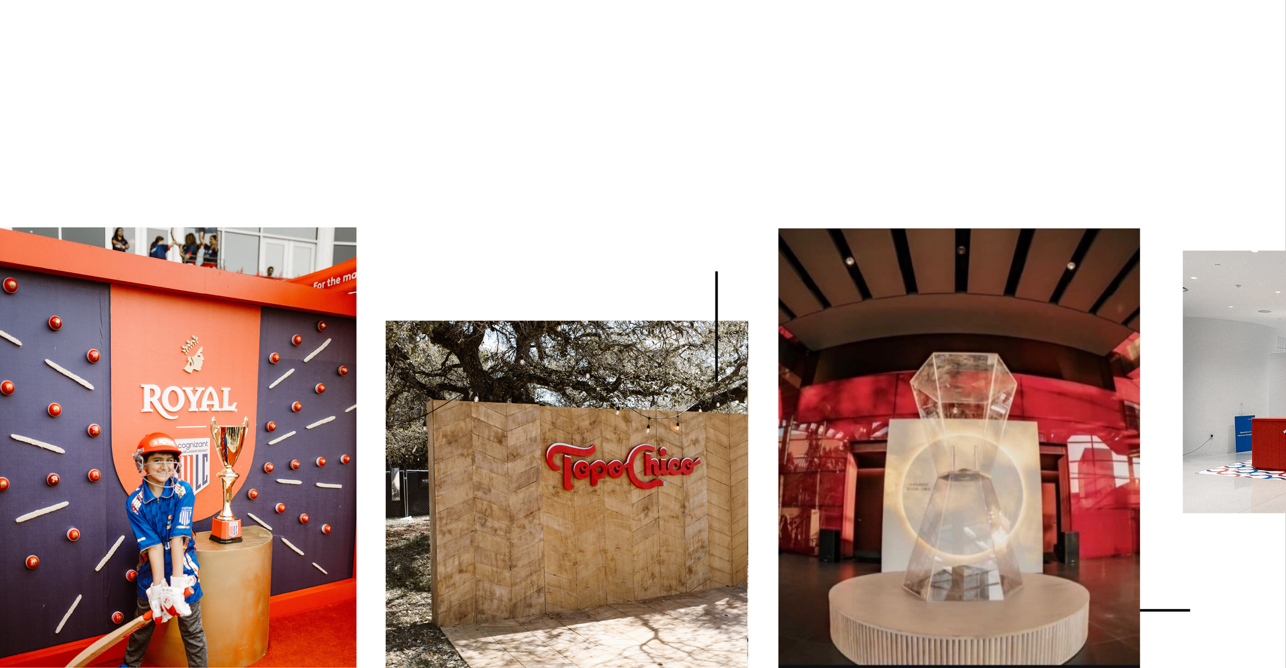 Three different scenes: the first shows a young child in a hockey uniform and helmet standing next to a display with a trophy for Royal, the second is the entrance to Topo Chico with a sign against a wooden wall and trees in the background, and the t