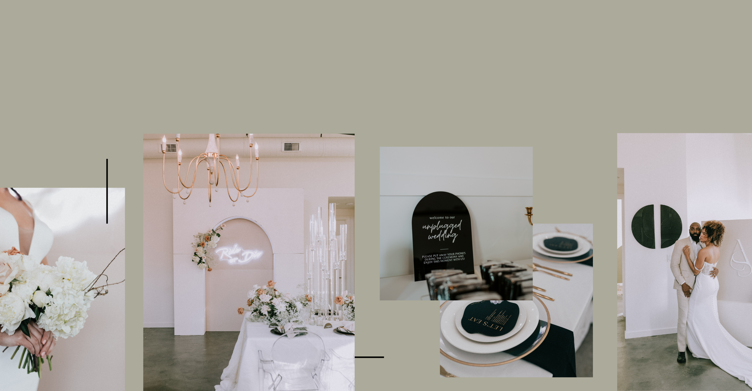 Collage of wedding images including a bride holding a bouquet, a decorated wedding reception table, a welcome sign, place settings, and a couple dancing.