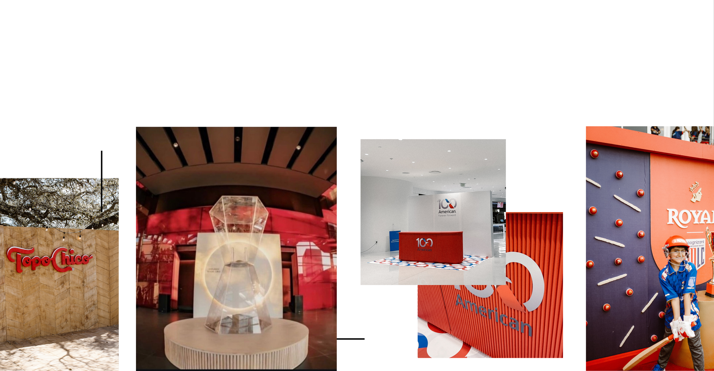 Collage of five images celebrating 100 years of Topo Chico brand, featuring the store's exterior, a display with a large diamond-shaped object, a reception area with '100 American' branding, a decorative wall with red and blue elements, and a young b