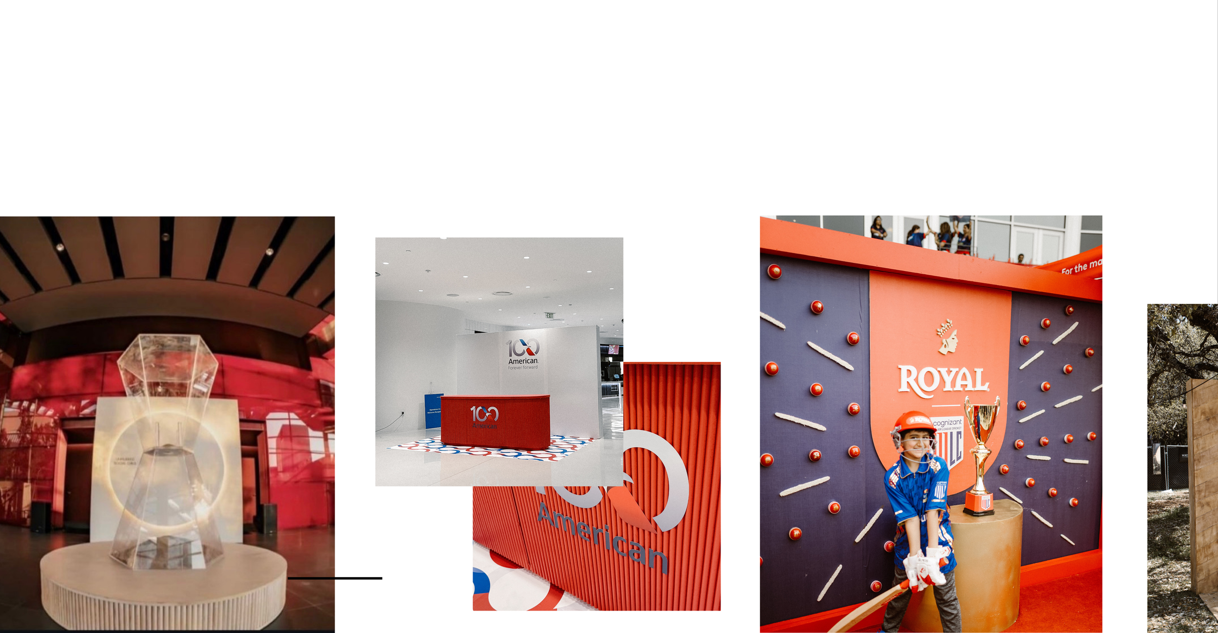 A collage of images showing an exhibition or event space with a large diamond sculpture, a reception desk with the '100 American' logo, and a young boy in a blue sports uniform with a helmet standing next to a trophy and a backdrop with the 'Royal' l