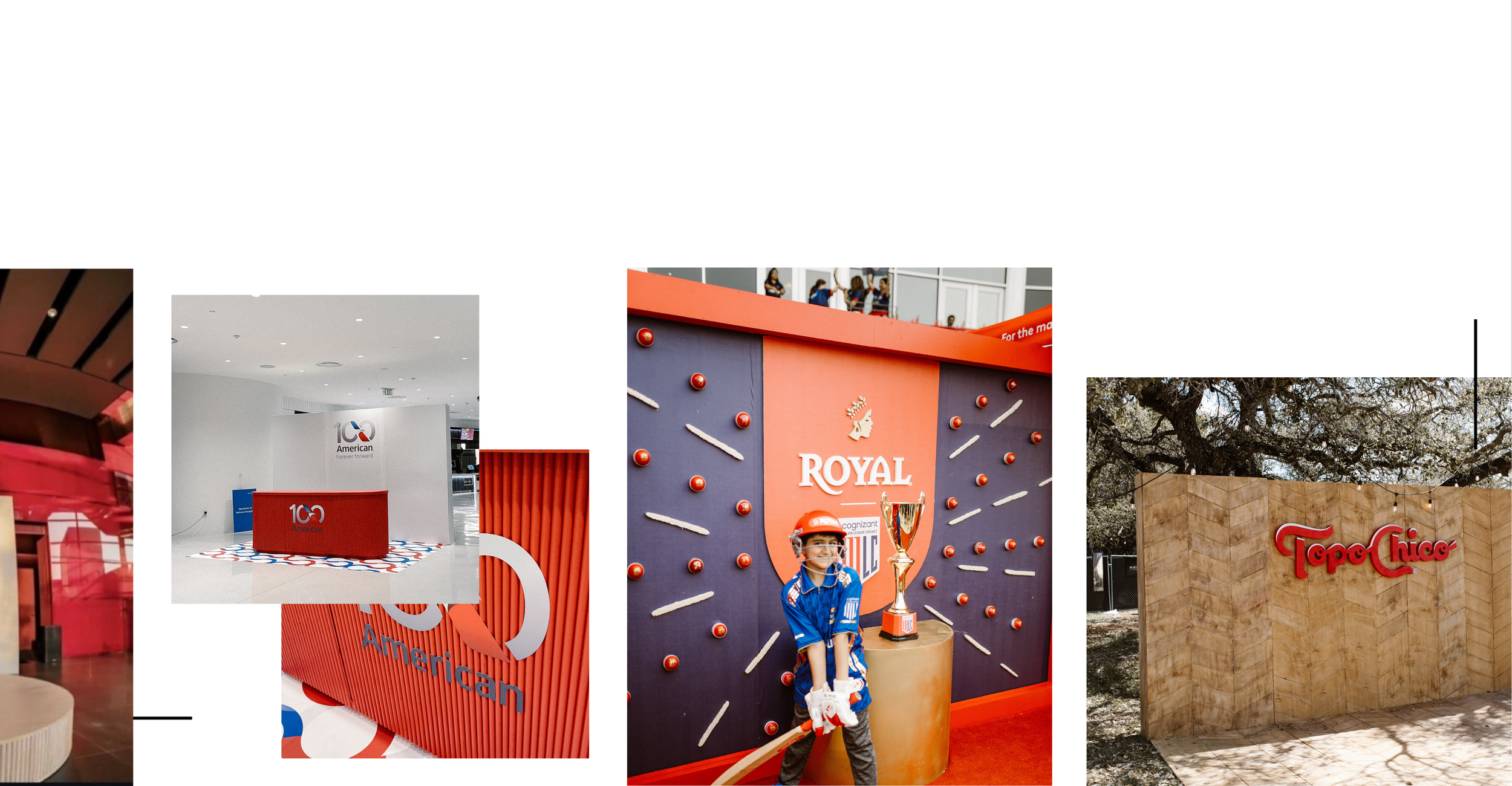 Collage of images including a modern interior reception desk with the American logo, a close-up of the red American logo, a child in a blue racing outfit holding a helmet with the Royal logo, and an outdoor sign with the Topo Chico logo against a bac