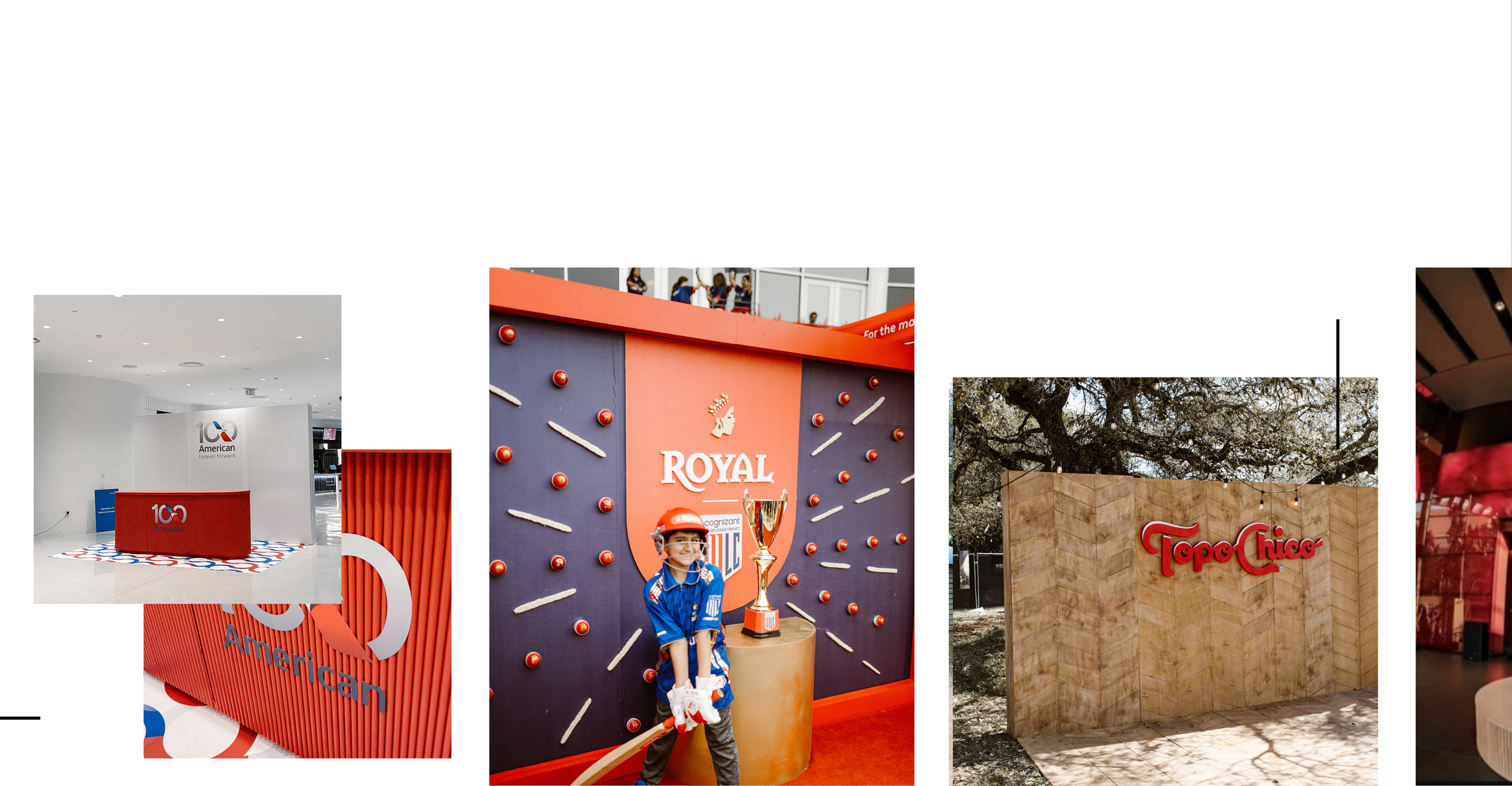 Collage of four images: 1) Joyful woman at a corporate event with a red and white decorated booth that has the '100 American' logo, 2) Child dressed as a baseball player standing in front of a wall with a 'Royal' sign and a trophy, 3) Outdoor scene w