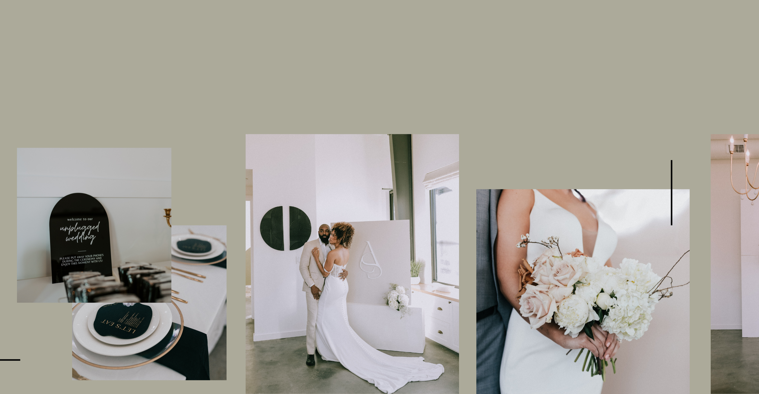 A collage of photos from a wedding, including a close-up of a wedding sign and dinner setting, a couple in wedding attire posing indoors, a bride holding a bouquet of white and blush roses, and a minimalist interior with a chandelier.