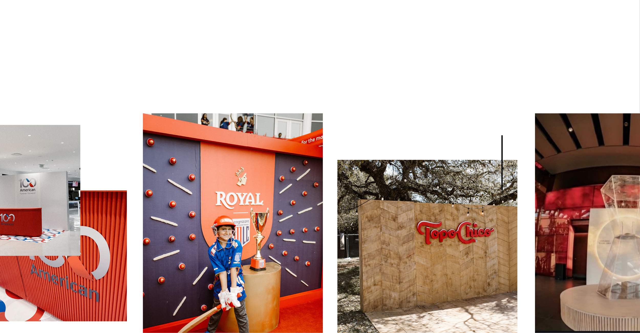 Collage of four images featuring Topo Chico branding and events: the first image shows a reception desk with the American 100 logo; the second image features a child wearing a helmet and sports gear standing next to a large trophy at a Royal event wi