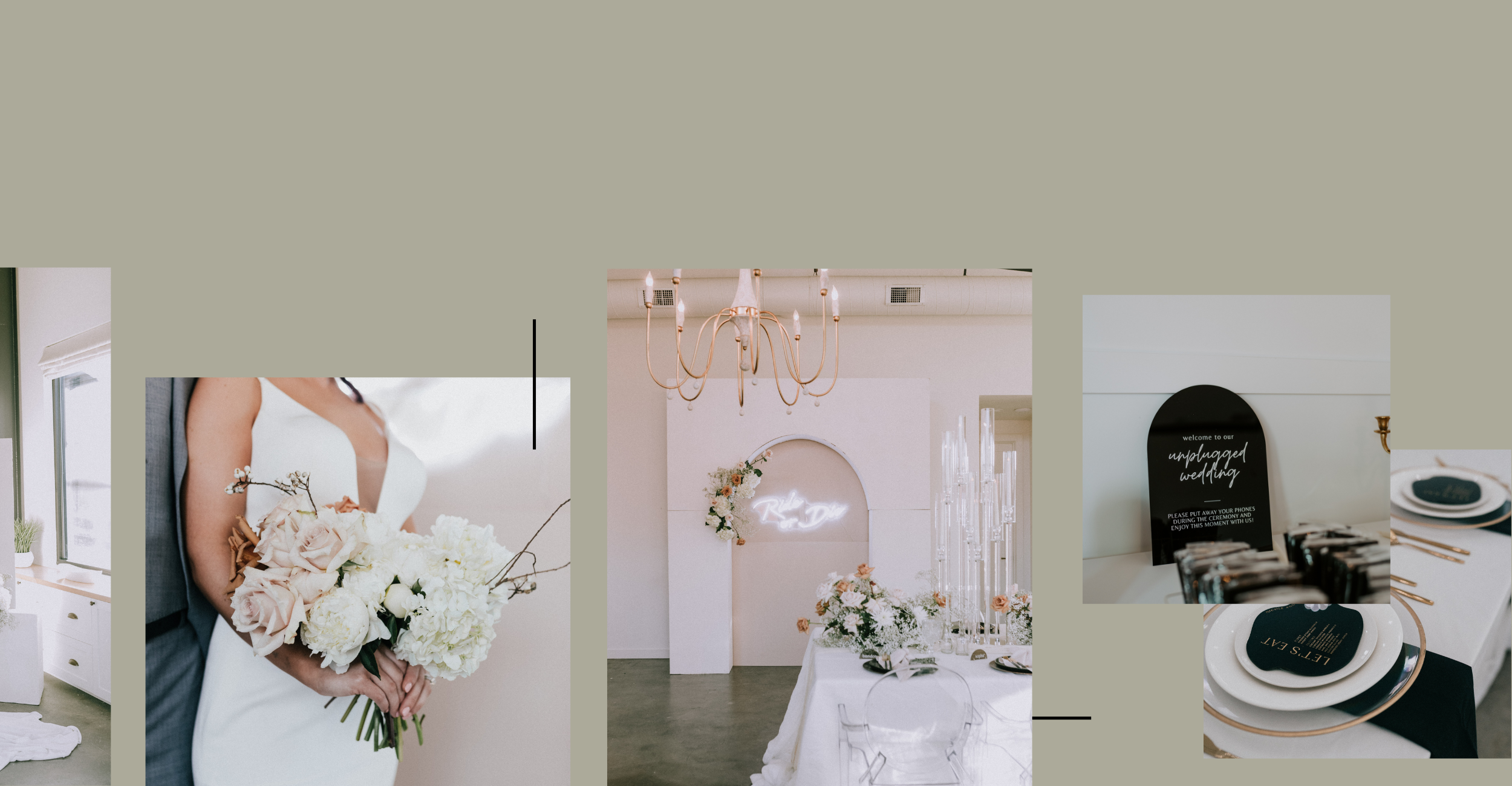 Collage of wedding scenes featuring a bride holding a bouquet, a decorated reception area with floral arrangements and a chandelier, and a table setting with plates and utensils with wedding signage.