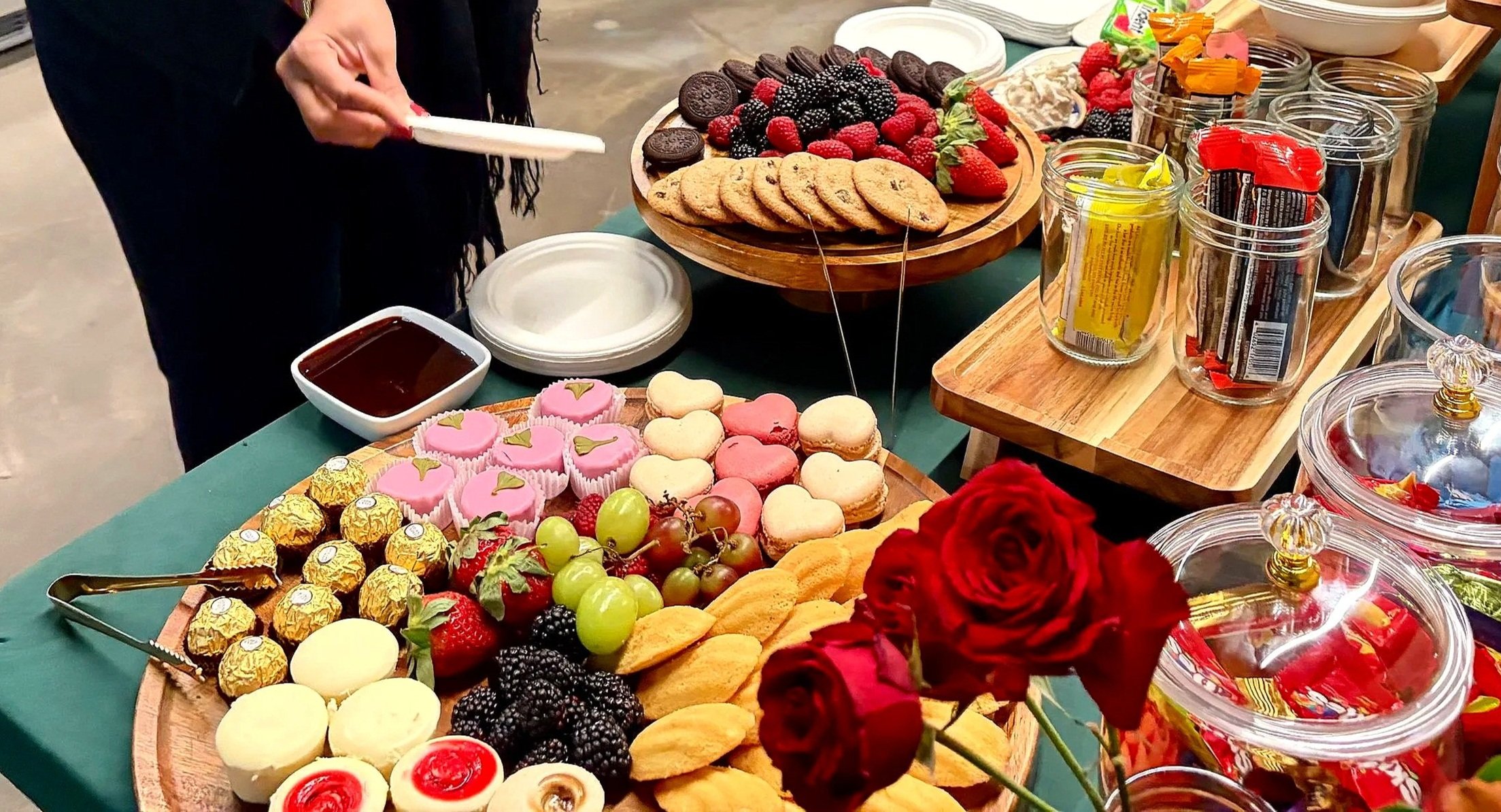 Craft services snack bar with five platters for LA film production crew