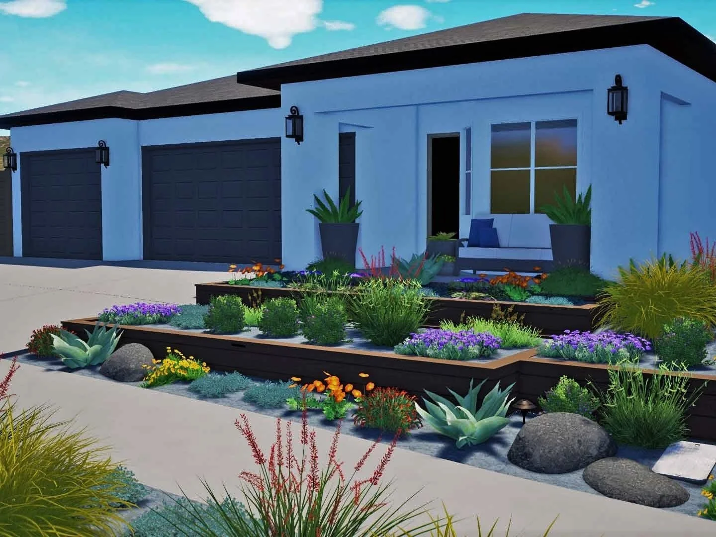 Front yard landscaping with flower bed, succulents, rocks, plants, and a patio with a white house, black garage doors, and outdoor lighting.