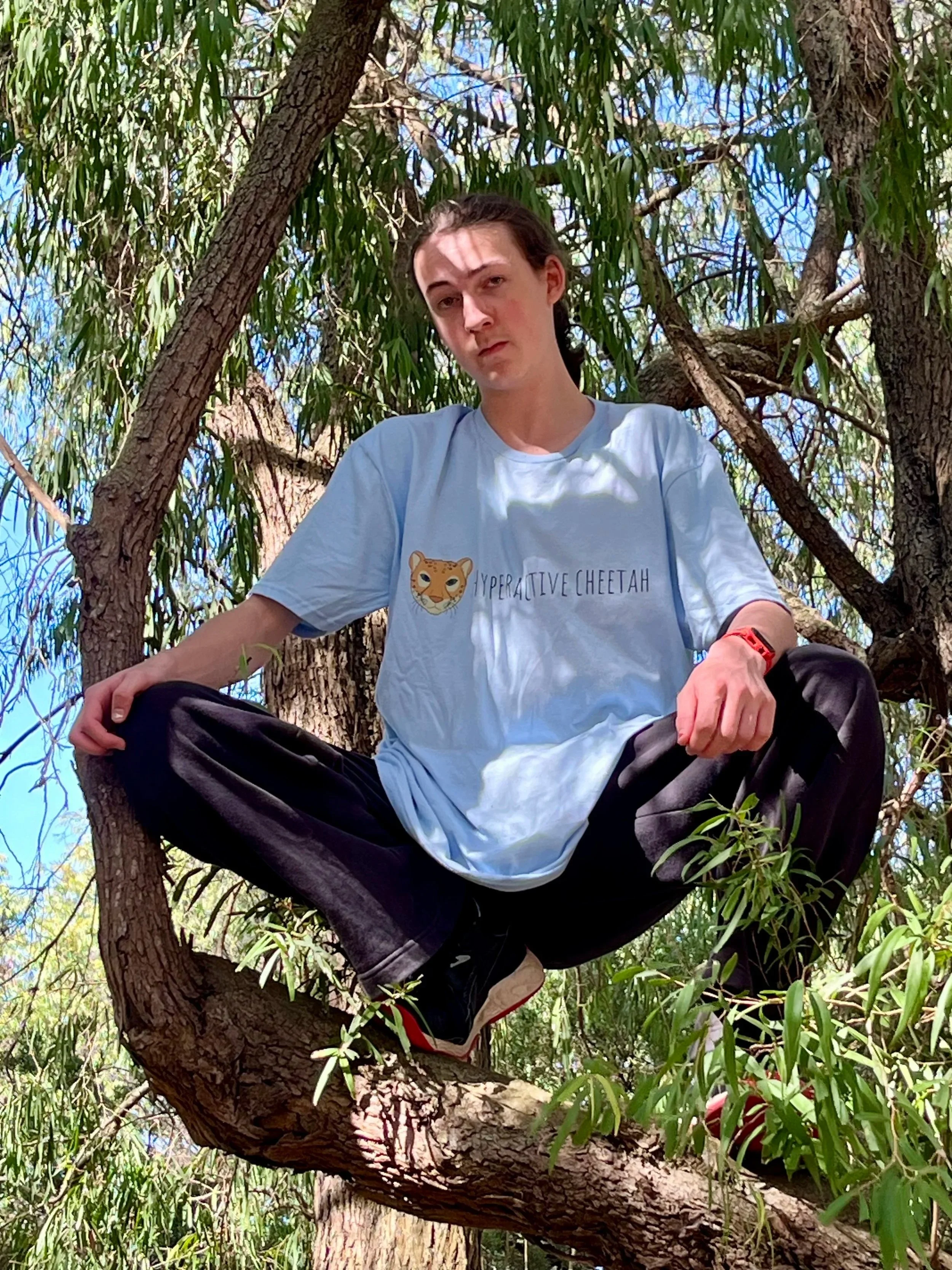 A person sitting cross-legged in a tree with green leaves and blue sky in the background, wearing a white T-shirt with a cheetah logo and the words "HYPERACTIVE CHEETAH."
