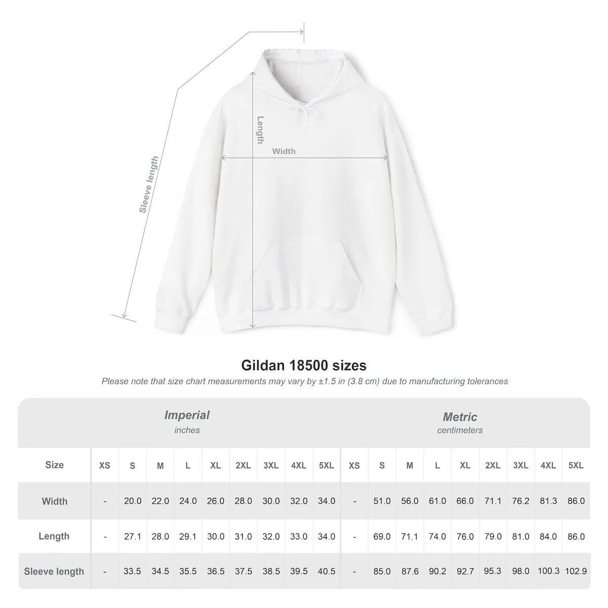 A white hoodie displayed on a transparent background with measurement lines indicating length, width, and sleeve length. The hoodie has a front pouch pocket and a drawstring hood. Below the image is a size chart for Gildan 18500 hoodies listing measu