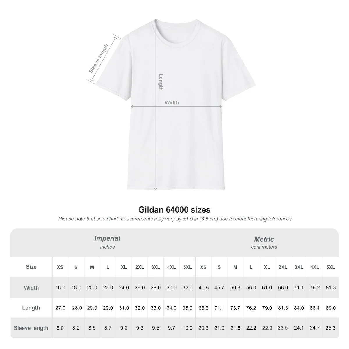 Chart showing size measurements for Gildan 64000 t-shirt in imperial and metric units, including width, length, and sleeve length for various sizes.