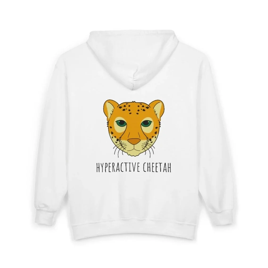 White hoodie with a cartoon cheetah face print and the words "Hyperactive Cheetah" underneath.