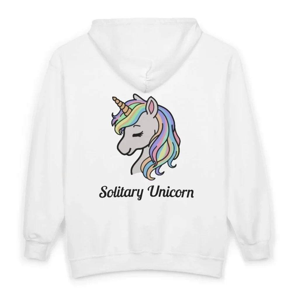White hoodie with a cartoon unicorn with a rainbow-colored mane and the text "Solitary Unicorn" underneath.