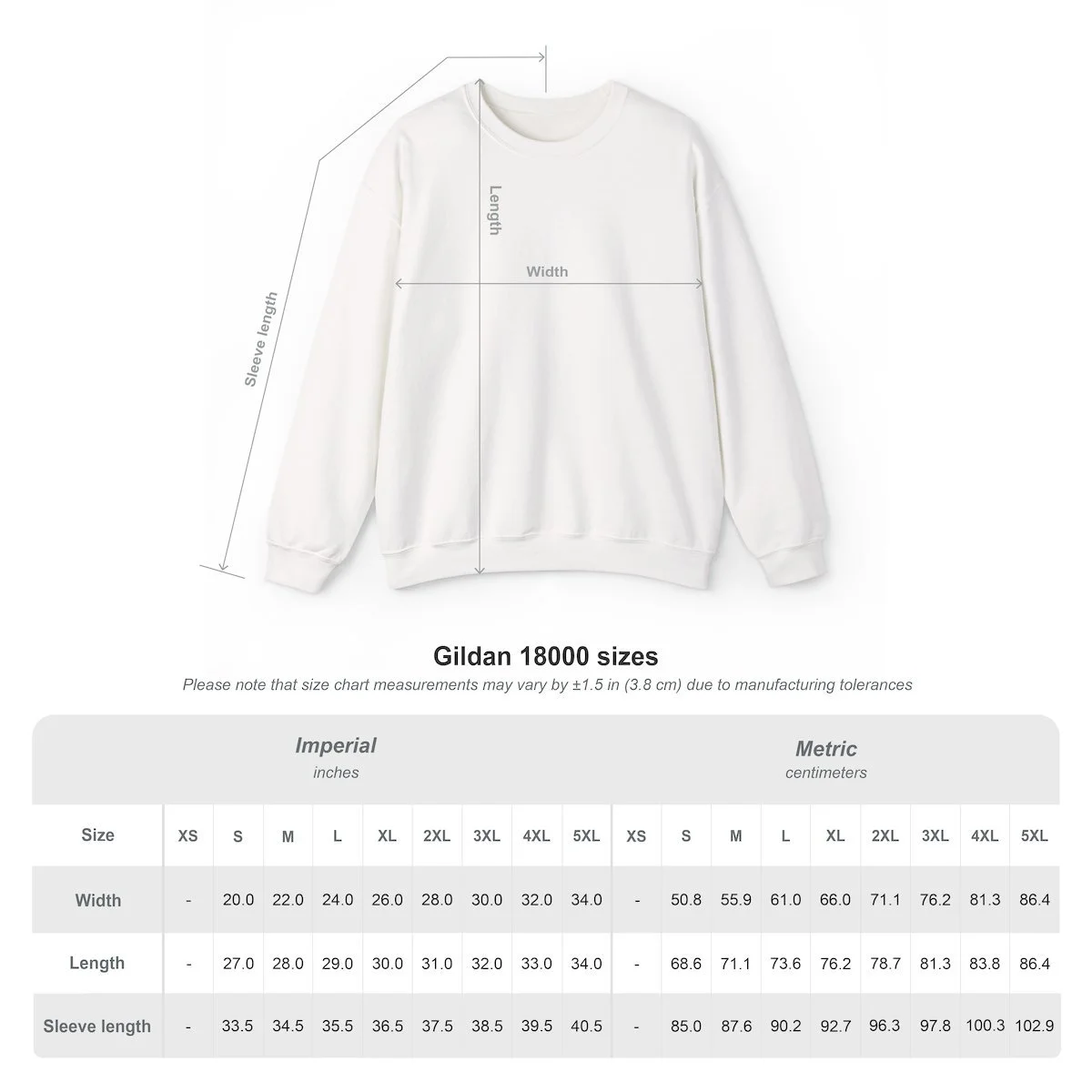 A size chart for Gildan 18000 sweatshirts displaying measurements for various sizes in inches and centimeters, including width, length, and sleeve length.