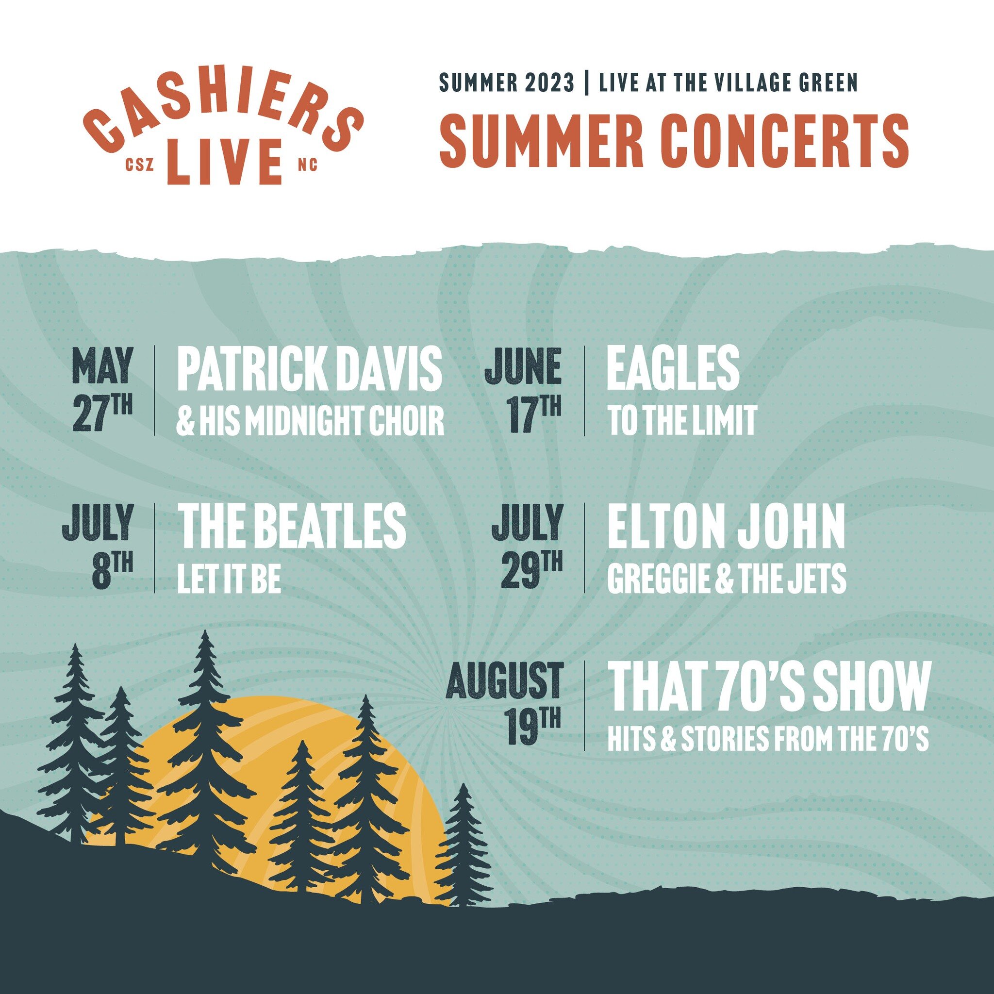 Spend your summer at @cashiersgreen! Cashiers Live is back on May 27th, June 17th, July 8th, July 29th, and August 19th to celebrate the songs that defined a generation, and the stories behind them. Featuring music by Elton John, The Beatles, and mor