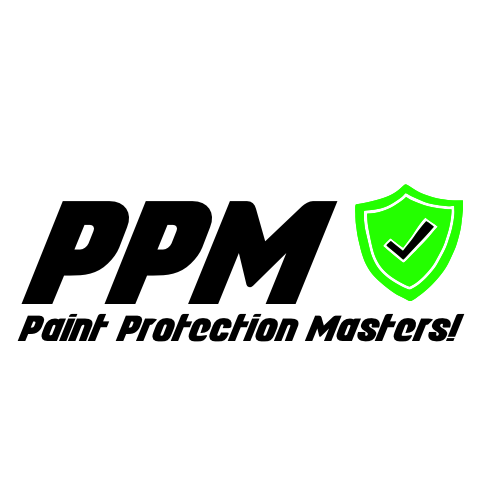 Logo with the text "PPM" and "Paint Protection Masters!" along with a green shield and checkmark.