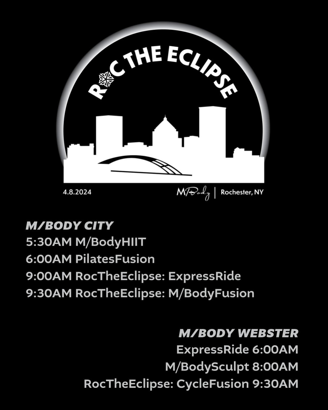 ROC the Eclipse at M/Body!!!

Limited edition tees are available for presale now. And be ready to ROC our themed classes on 4/7 and 4/8!

#eclipse #sweatlocal #roctheeclipse #mpoweryourself #mbracelife #mbodyrochester