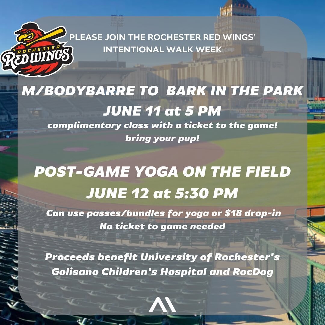 M/BodyBarre to Bark in the Park with @rocredwings&hellip;AND yoga on the field&hellip;YES PLEASE!

Join @alex_alletto for these events coming up soon!

Barre class is free with the purchase of a game ticket. Yogi&rsquo;s can purchase a drop-in or use