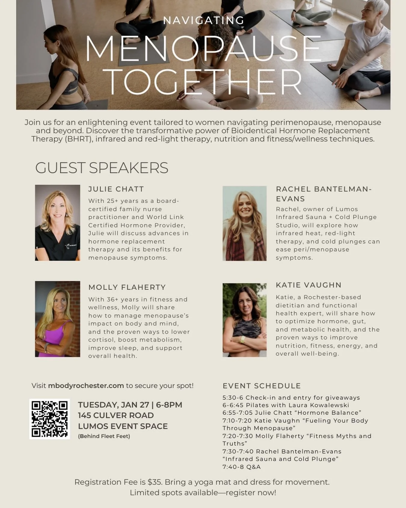 Don&rsquo;t miss out on this one-of-a-kind collaboration of women coming together to share stories, information and support surrounding everything pre and post-menopause. Starting with a specialized 40-minute Pilates session and then leading into a p