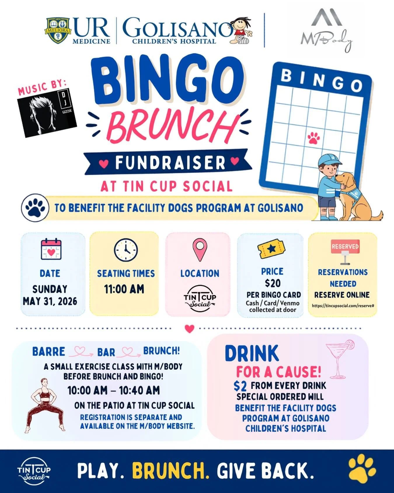 Join us for a meaningful morning of brunch, bingo, and giving back 💙🐾

M/Body and Golisano Children&rsquo;s Hospital are hosting a Bingo Brunch Fundraiser to help raise money for the future Facility Dogs Program at Golisano Children&rsquo;s Hospita
