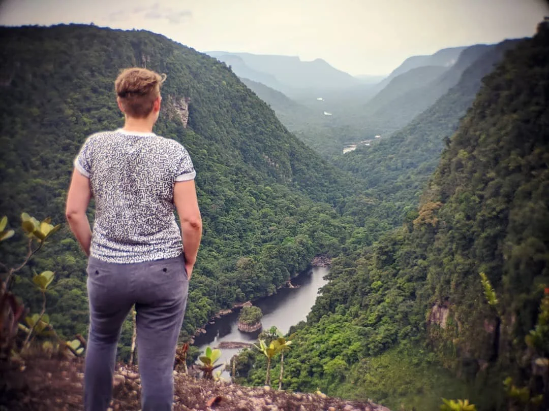 Image of Devon, facing away from the camera, looking out over a river valley