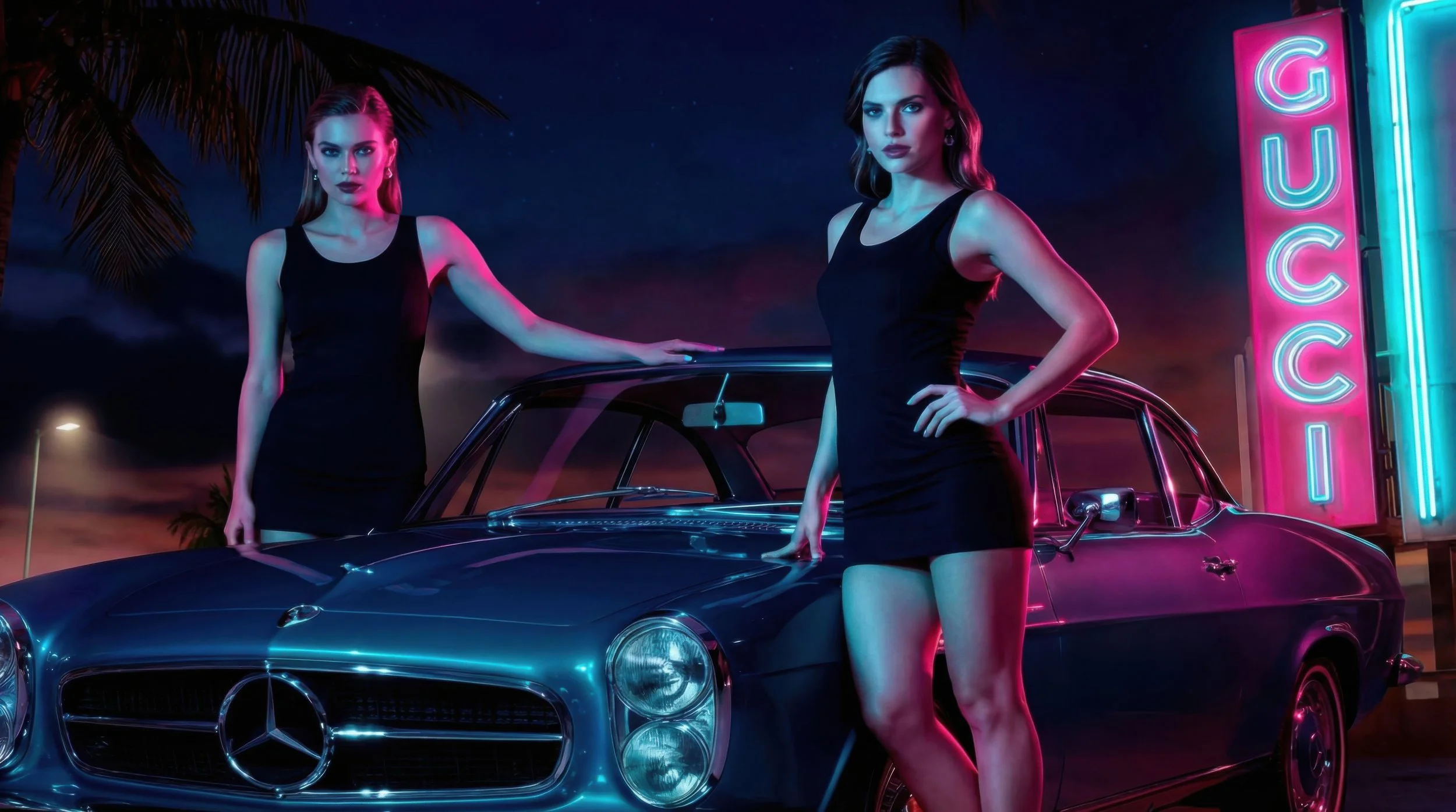 Two women in black dresses posing beside a vintage dark blue Mercedes-Benz car at night with neon signs that say LUCKY and GUMCI, under a palm tree, with a dark sky and distant streetlights.
