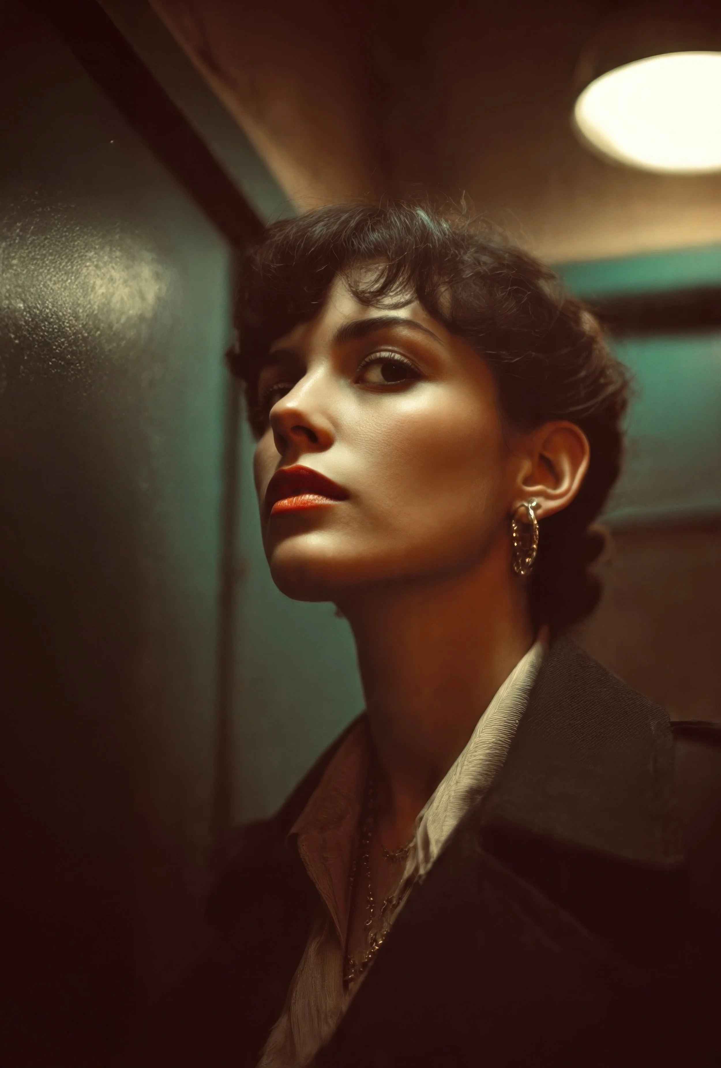 Close-up of a woman with short, curly hair, wearing earrings and a black blazer with a beige shirt underneath, leaning against a wall in a dimly lit setting.