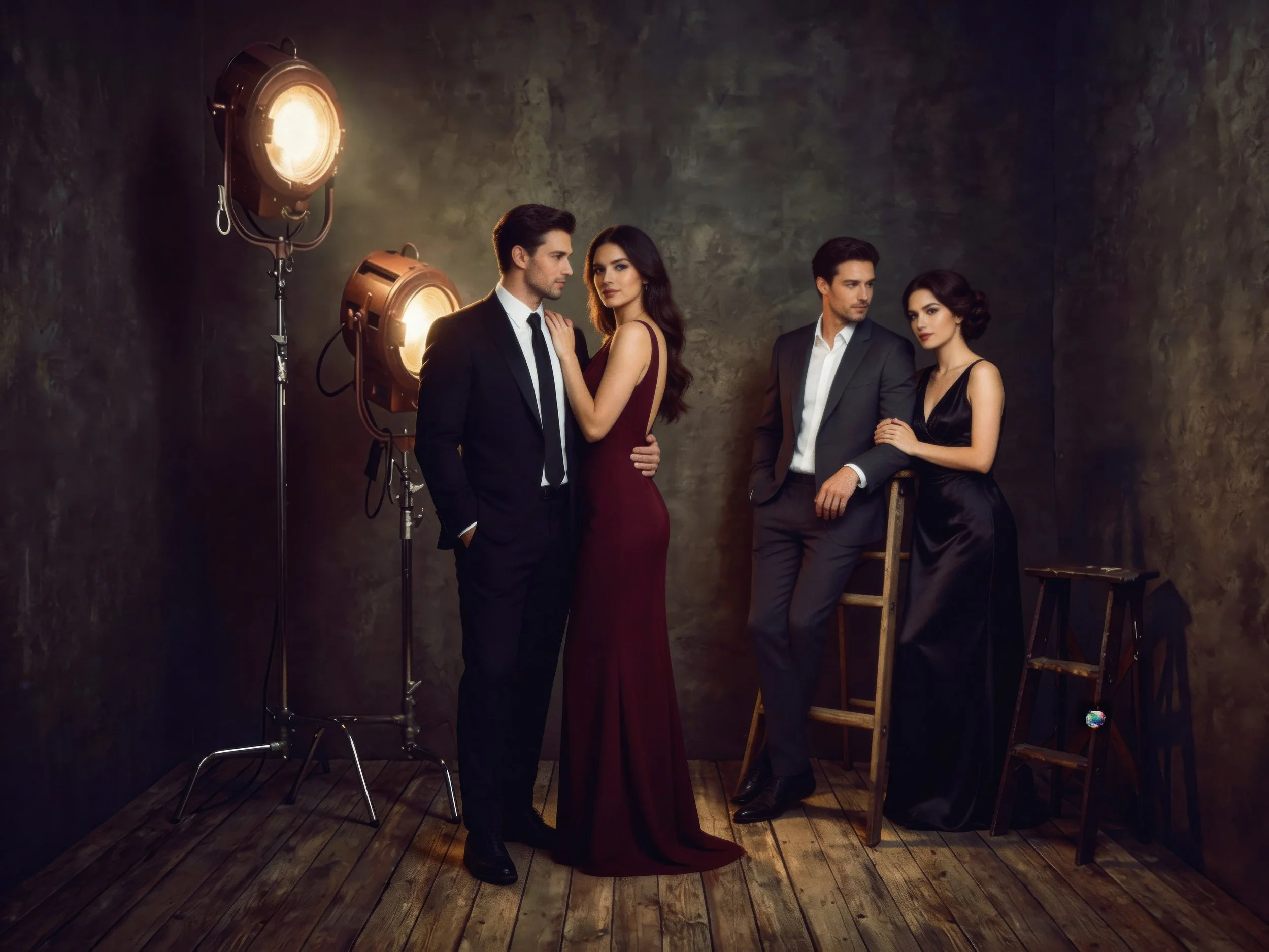 Four well-dressed models in a photography studio with vintage lighting and wooden flooring, two men and two women, posing for a photoshoot.