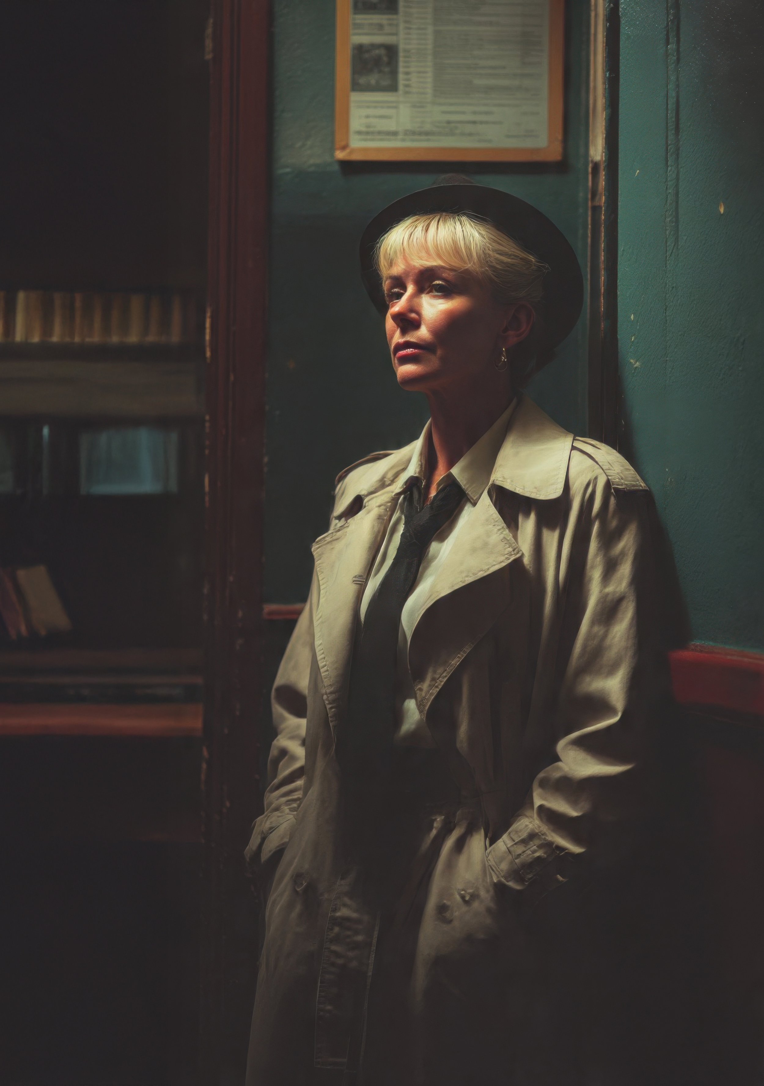 A woman with blonde hair wearing a beige trench coat, black tie, and black hat, standing in a dimly lit room against a green wall.