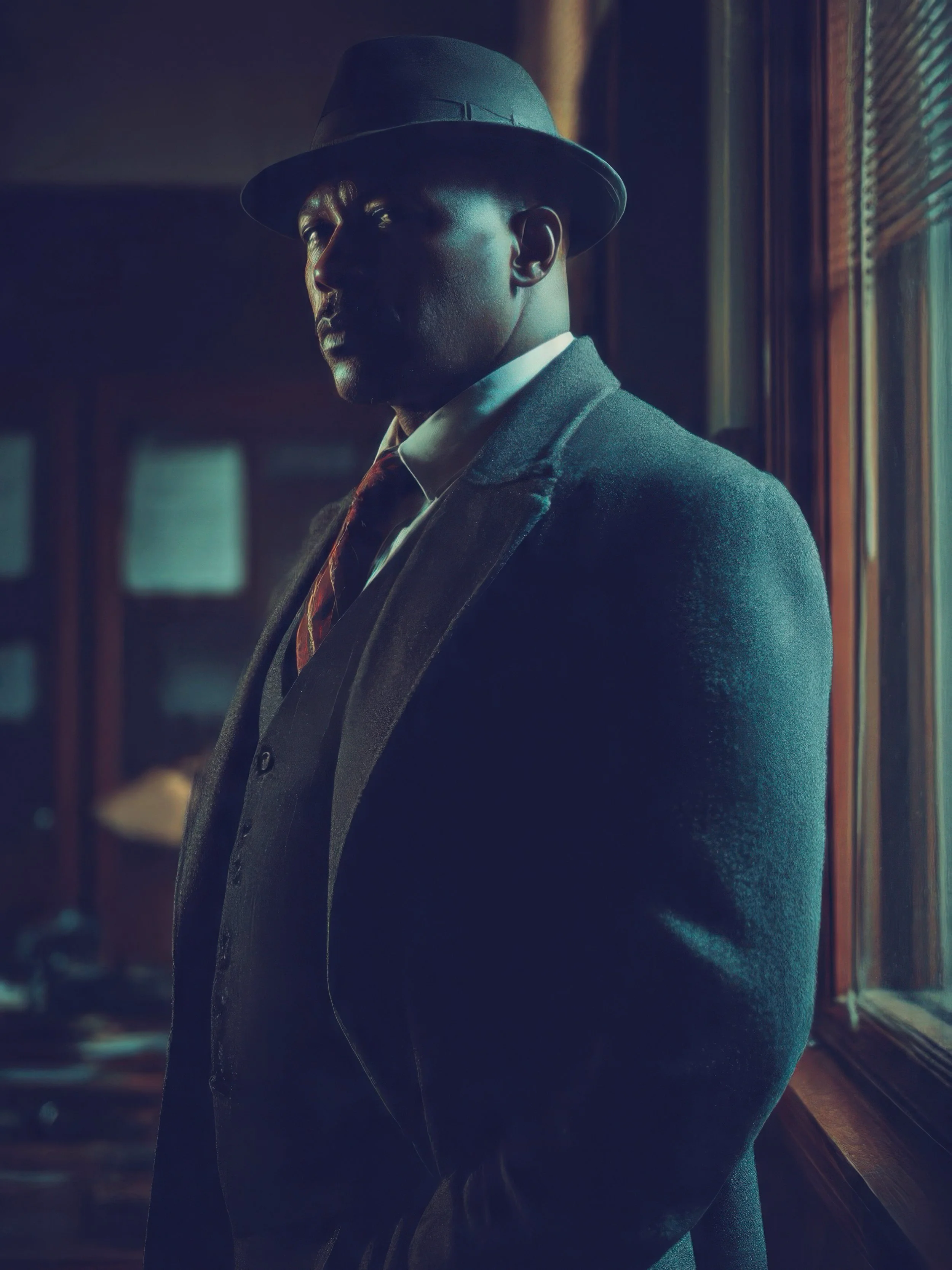 A man in a dark suit, white shirt, striped tie, and gray fedora hat stands by a window, looking outside in a dimly lit room.