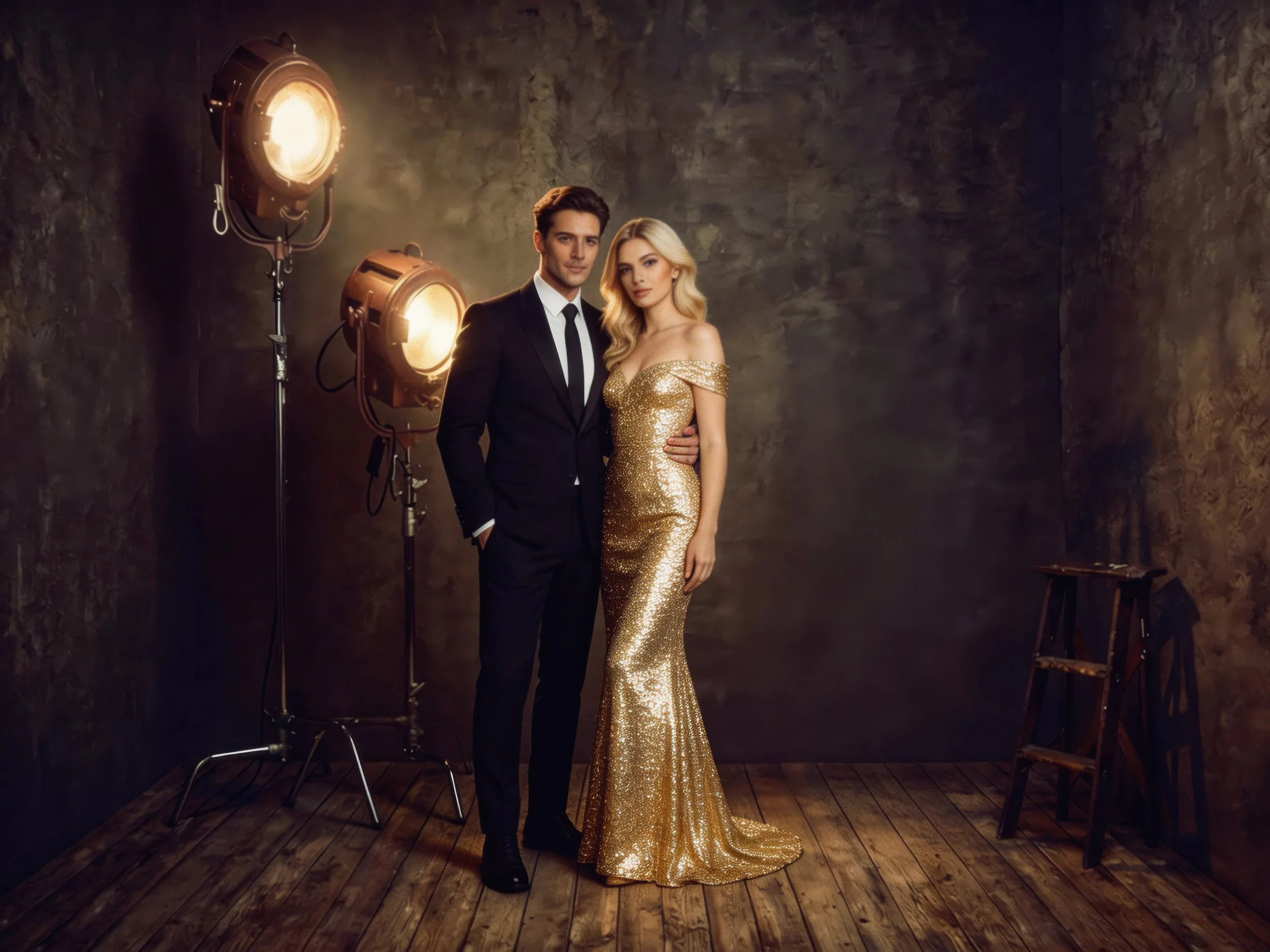 A man in a black suit and a woman in a gold evening gown stand together in a photography studio with vintage lighting equipment and wooden furniture against a rustic wall background.