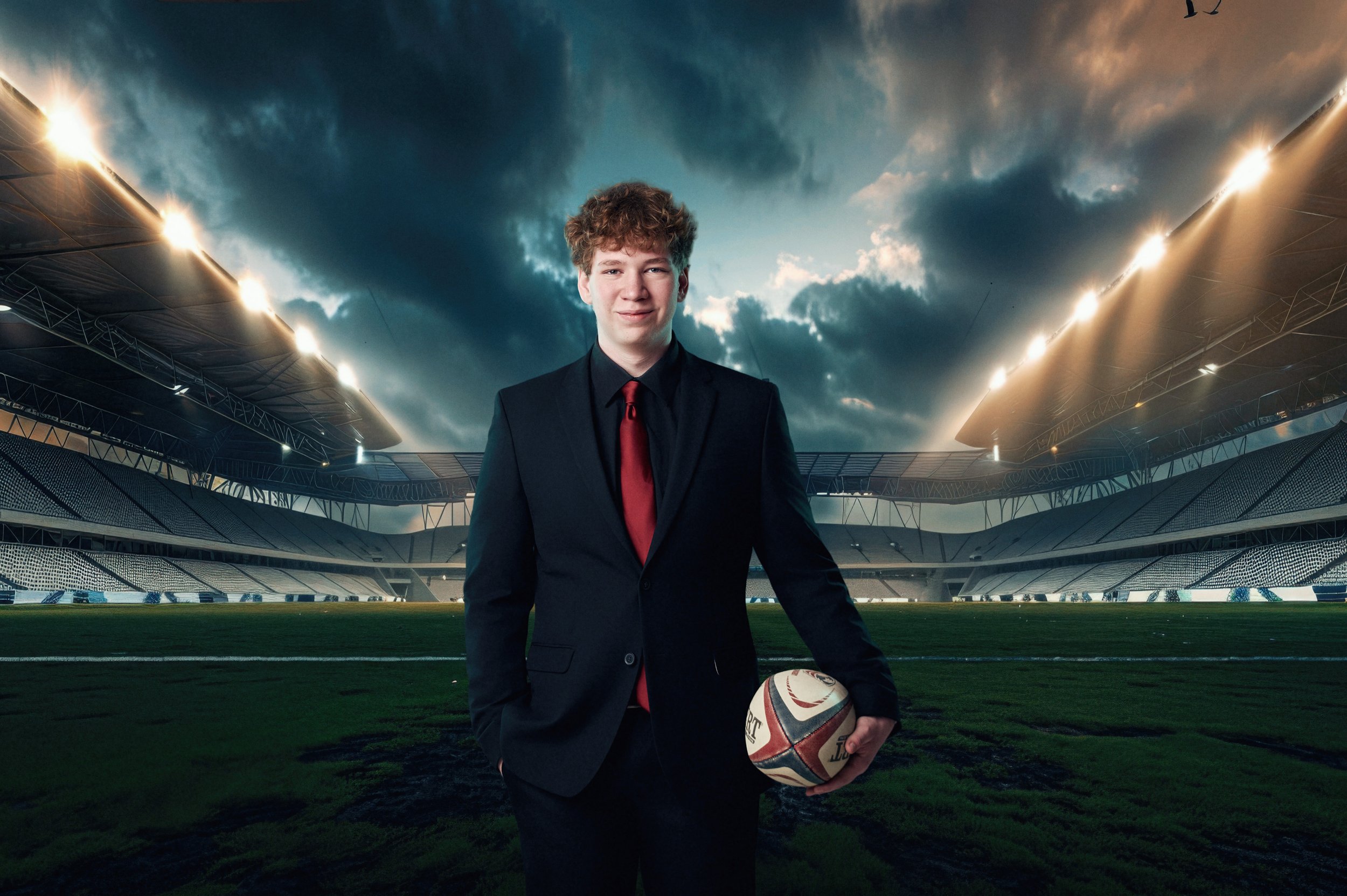 Young man in a black suit with a red tie standing on a football field, holding a rugby ball, with a stadium and a dramatic sky in the background.