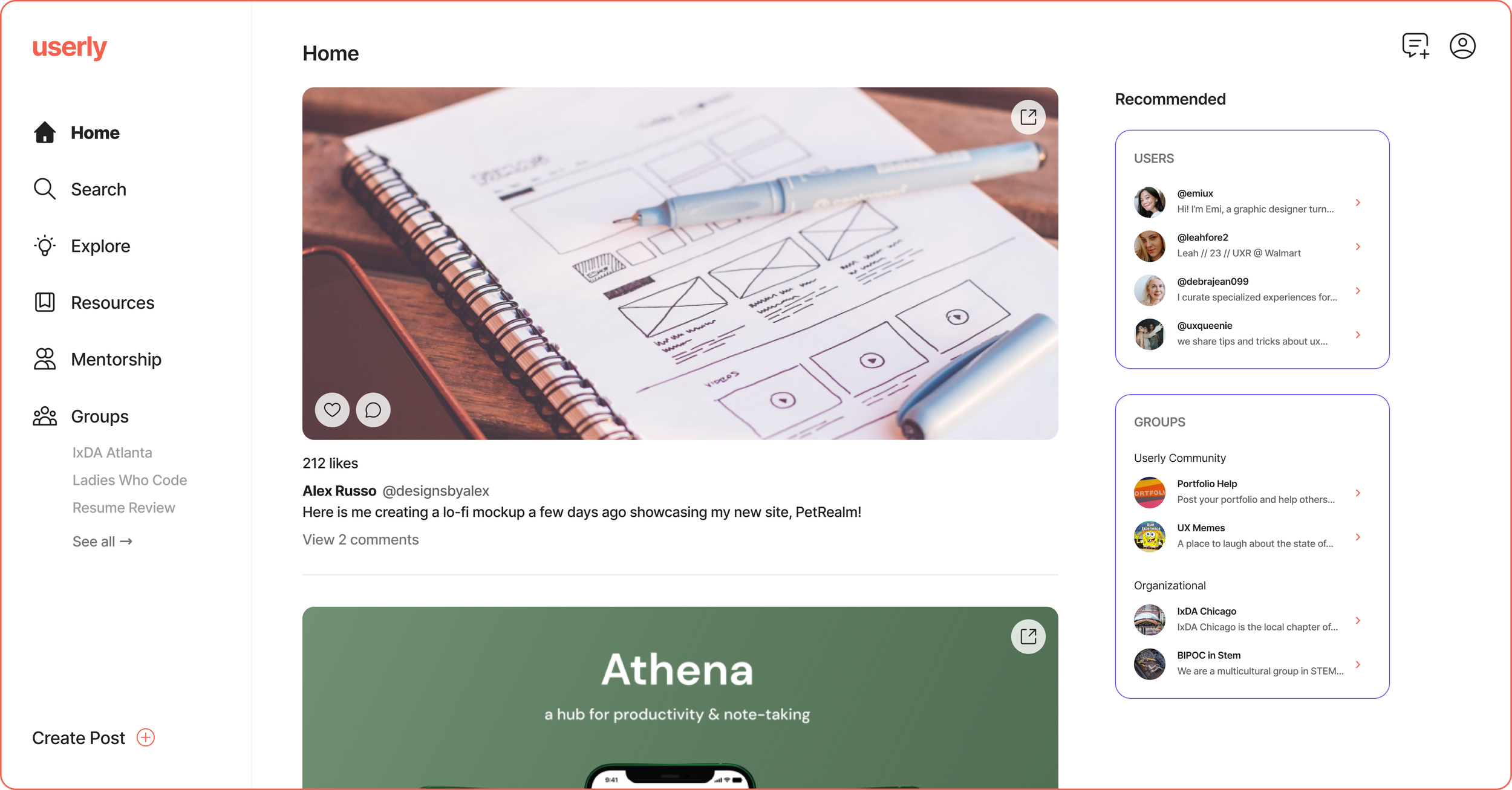 Home: View and engage with your friends' posts, find recommended users and groups