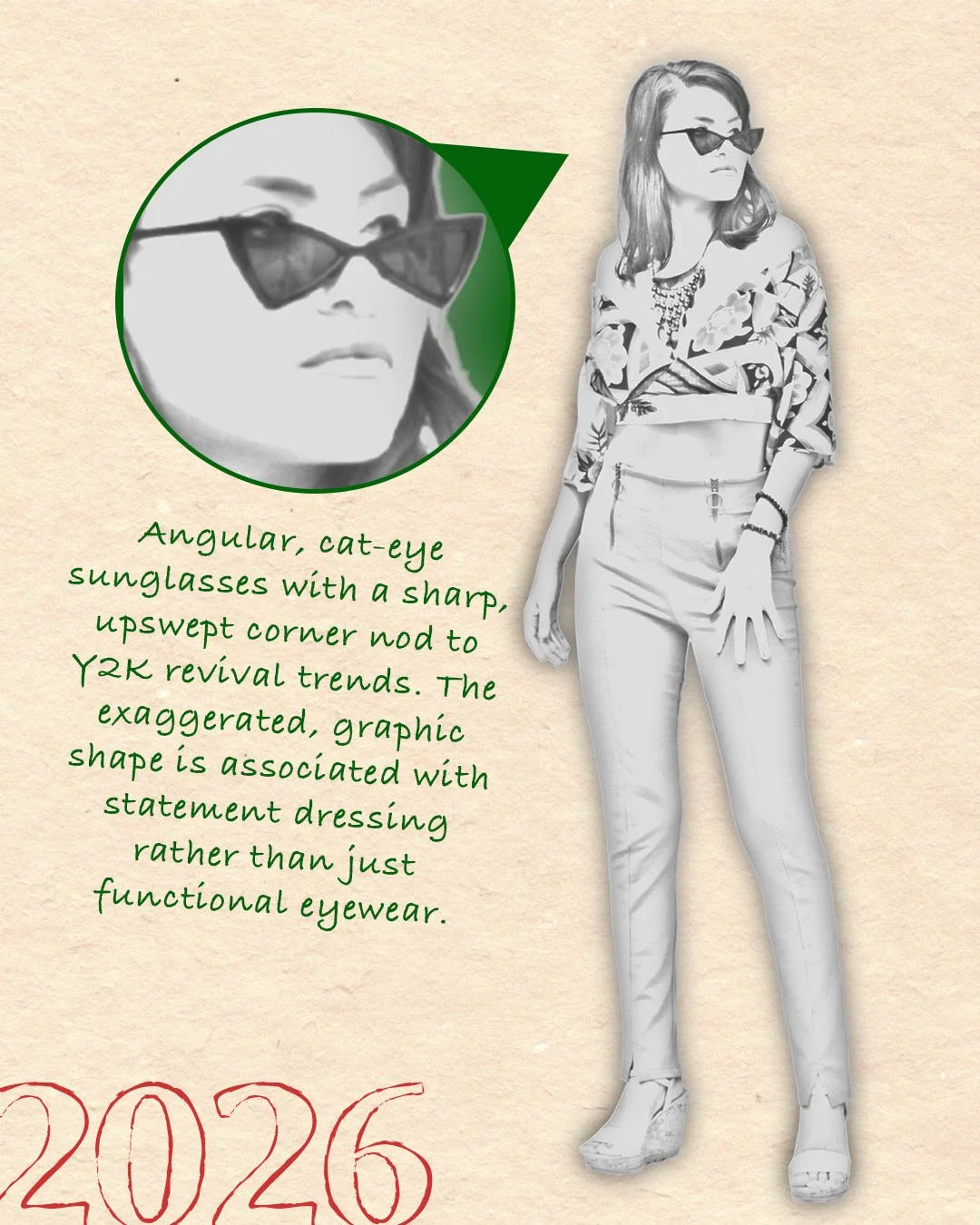 A graphic featuring an illustration of a woman from 2026 with her sunglasses highlighted. Accompanying text contextualizes this style element for the era.