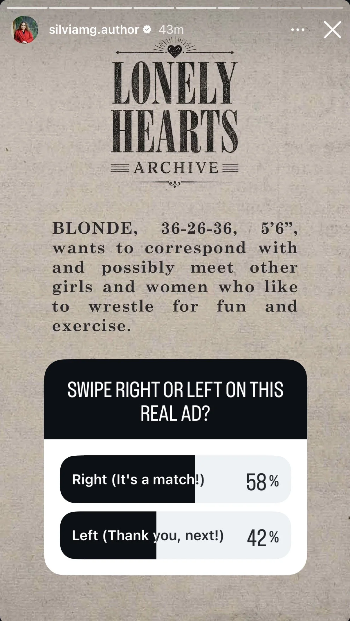 A screenshot from an Instagram Story featuring a real, historic lonely hearts ad and a poll question asking whether you'd swipe right or left.