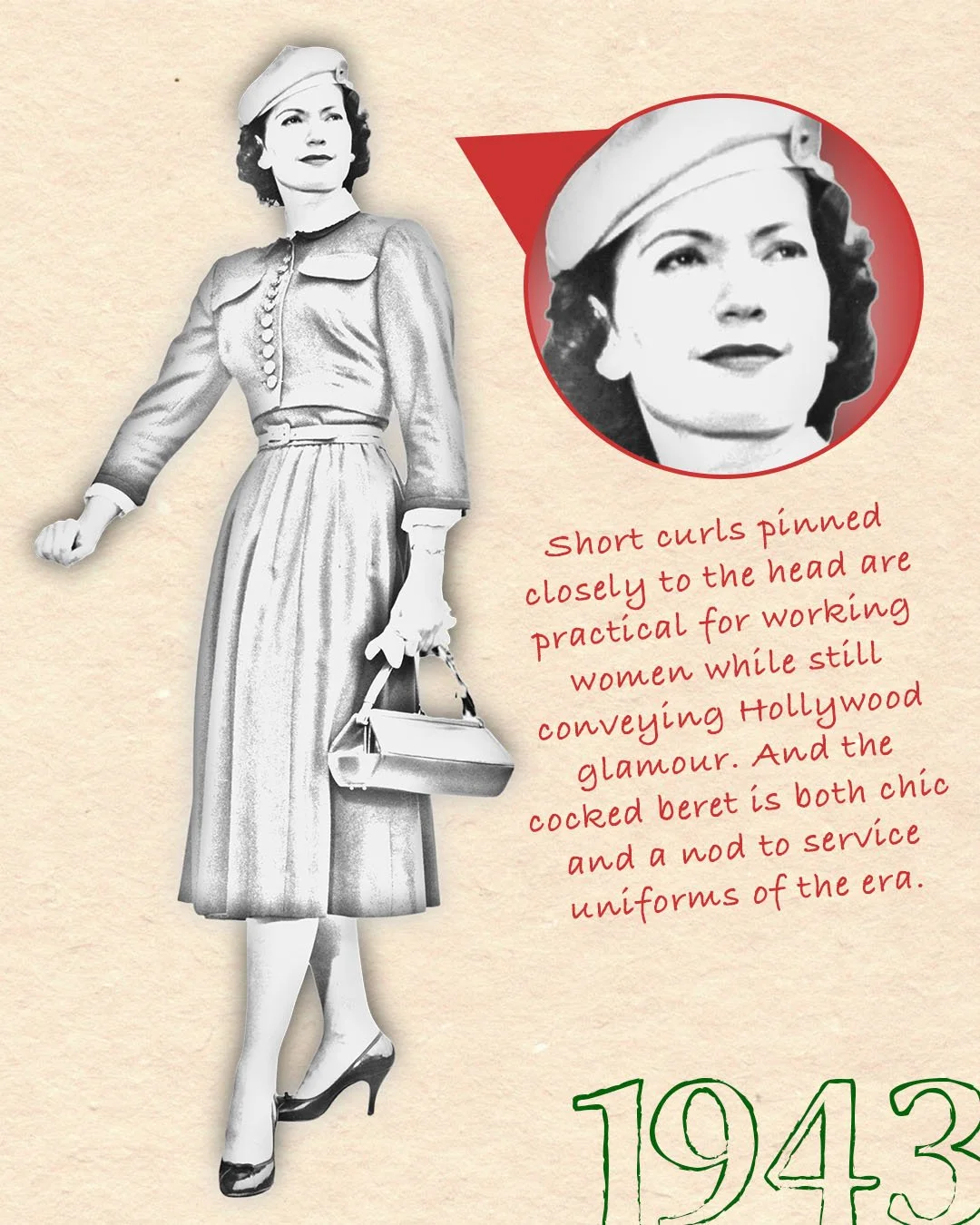 A graphic featuring an illustration of a woman from 1943 with her hairstyle and beret highlighted. Accompanying text contextualizes these style elements for that era.