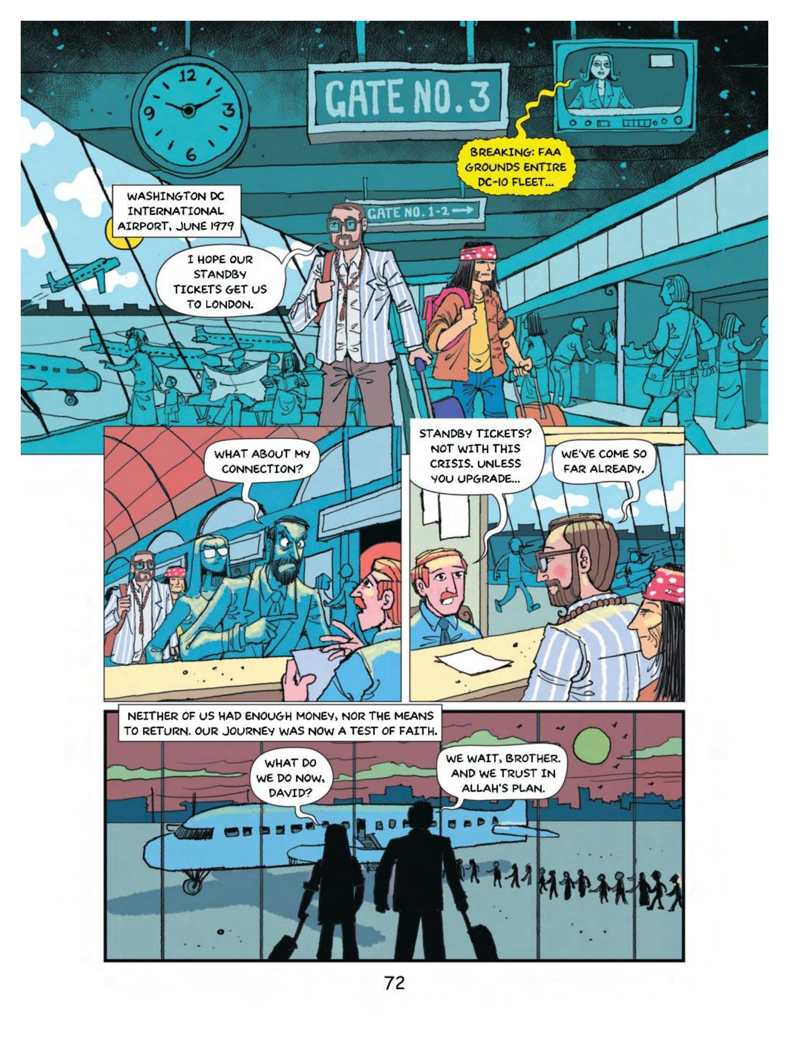 A comic page from The Secret Agent showing David and his friend stranded at Gate 3 of Washington DC International Airport in June 1979