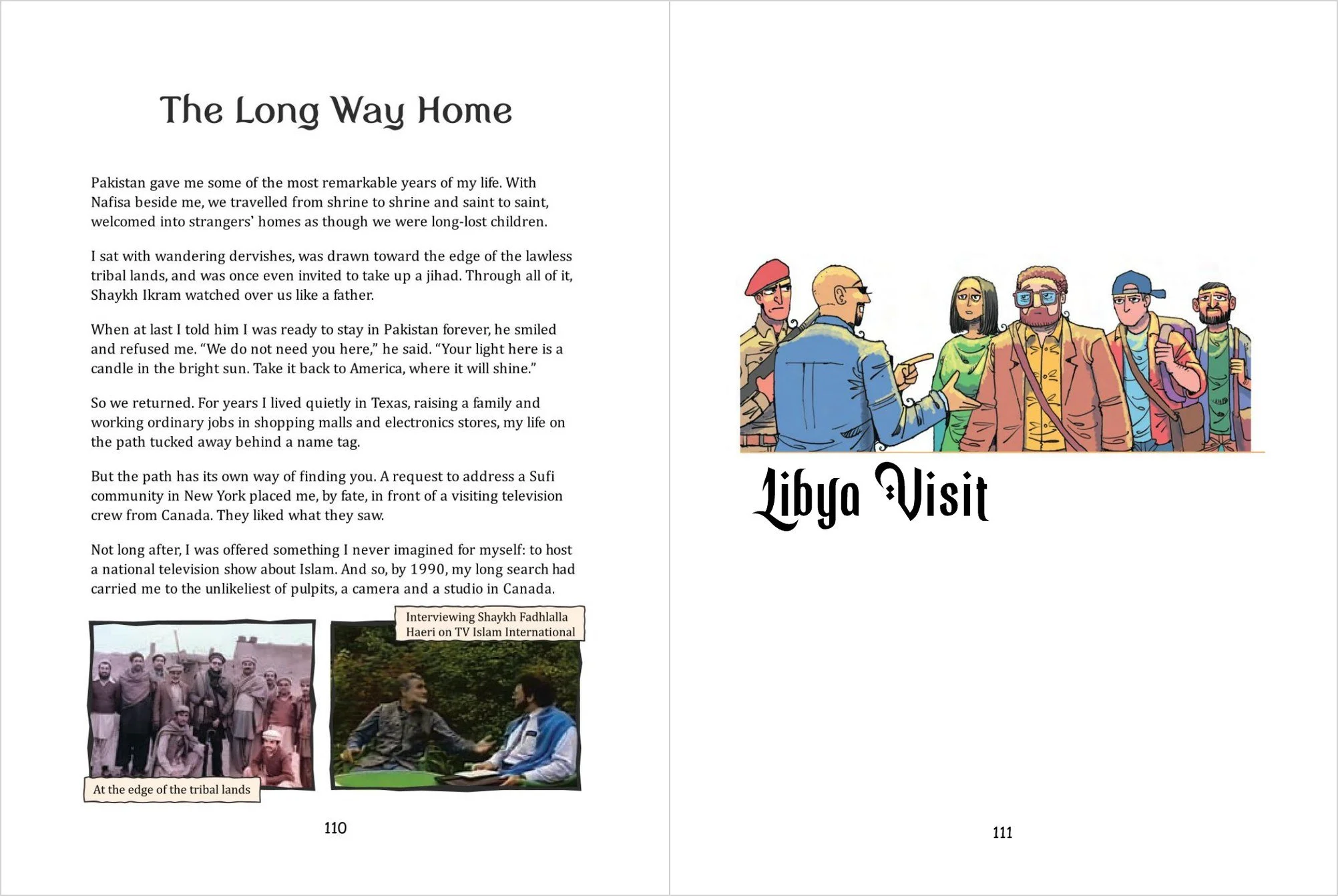 A two-page spread from Journey in Grace, with David's reflection The Long Way Home and two photographs on the left, facing the illustrated opener of Libya Visit on the right
