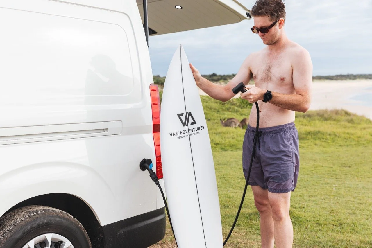 BRAND NEW Toyota HiAce Campervan with exterior hose/ shower inlet, Van Adventures Surfboard