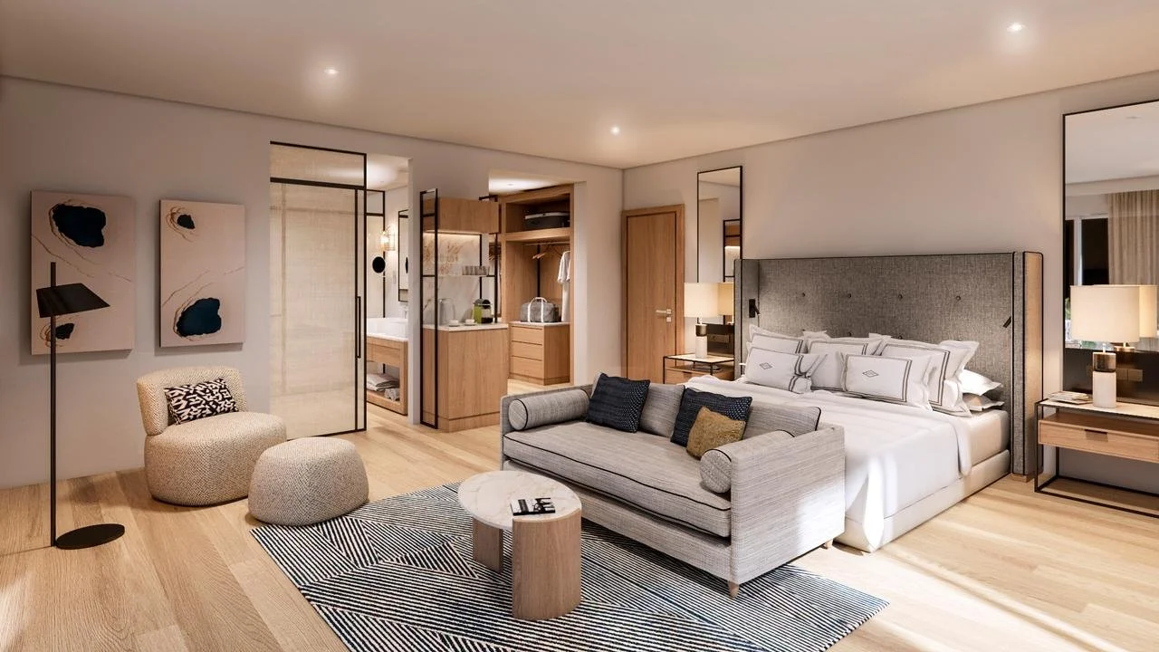 hotel bedroom sofa-armchair and pouf