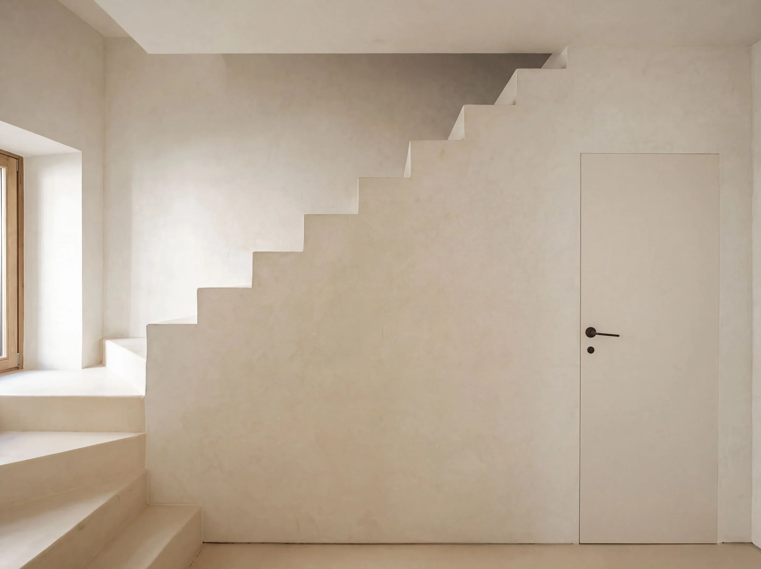 Minimalist staircase with white walls, a wooden-framed window on the left, and a white door on the right, featuring a black handle.