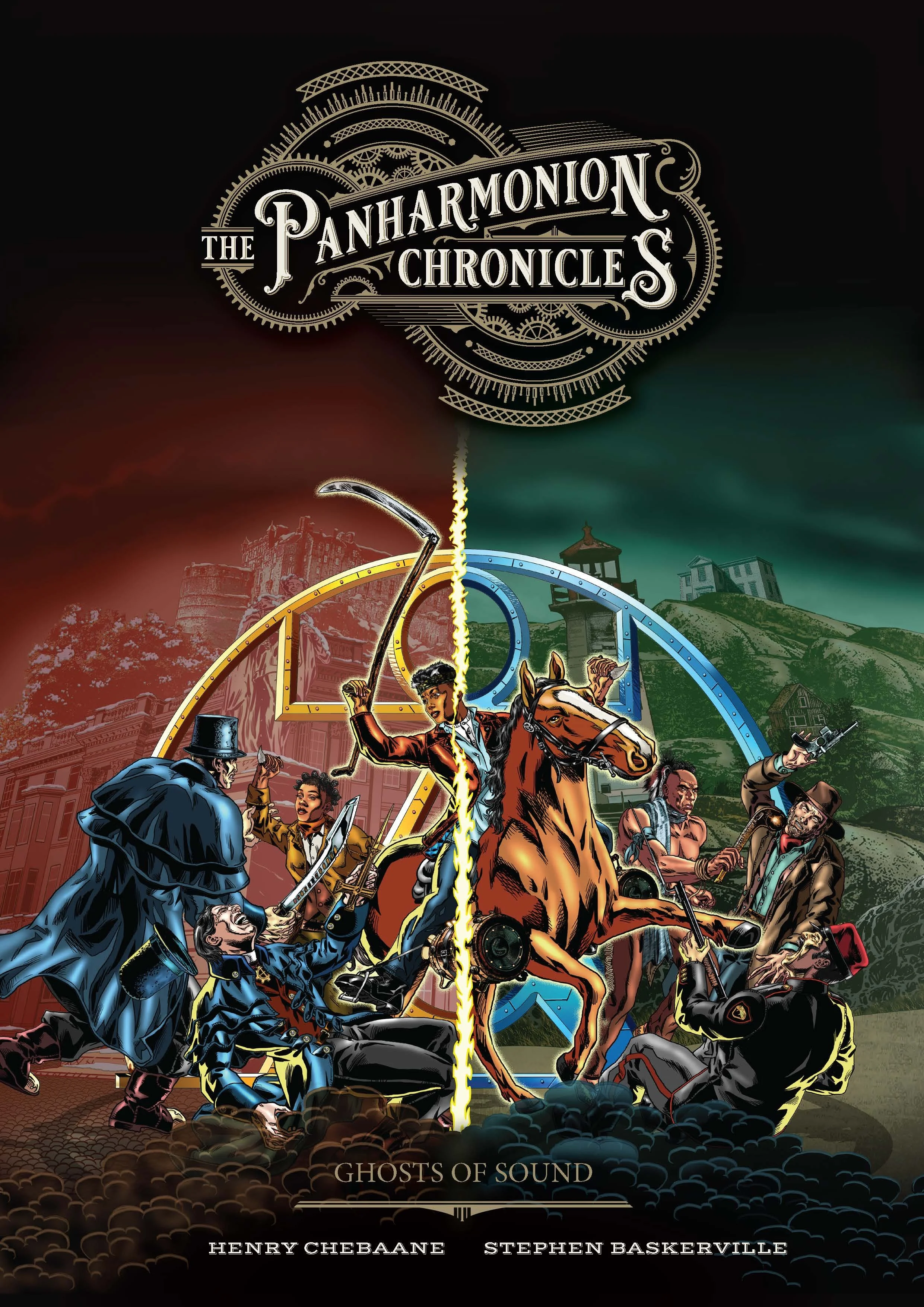 book cover of Ghosts of Sound, vol.2 of The Panharmonion Chronicles, by author Henry Chebaane.  A woman on a horse fights off multiple adversaries with a scythe. Edinburgh castle and Nova Scotia lighthouse in the background